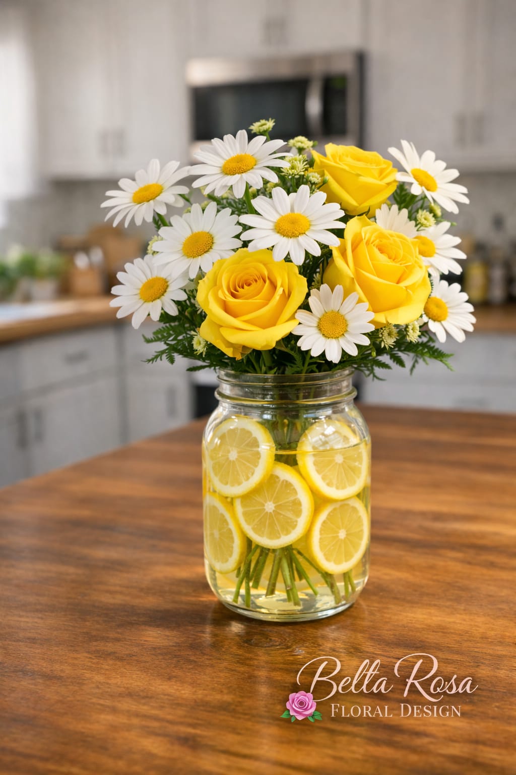 Easy peesy lemon squeezy  - Easy, Peezy, and perfect! A classic mason jar is filled with white daisies, everyone's fav, then add in a few sunny yellow roses,  complete with faux sliced lemons, and you have the perfect sunny gift! 