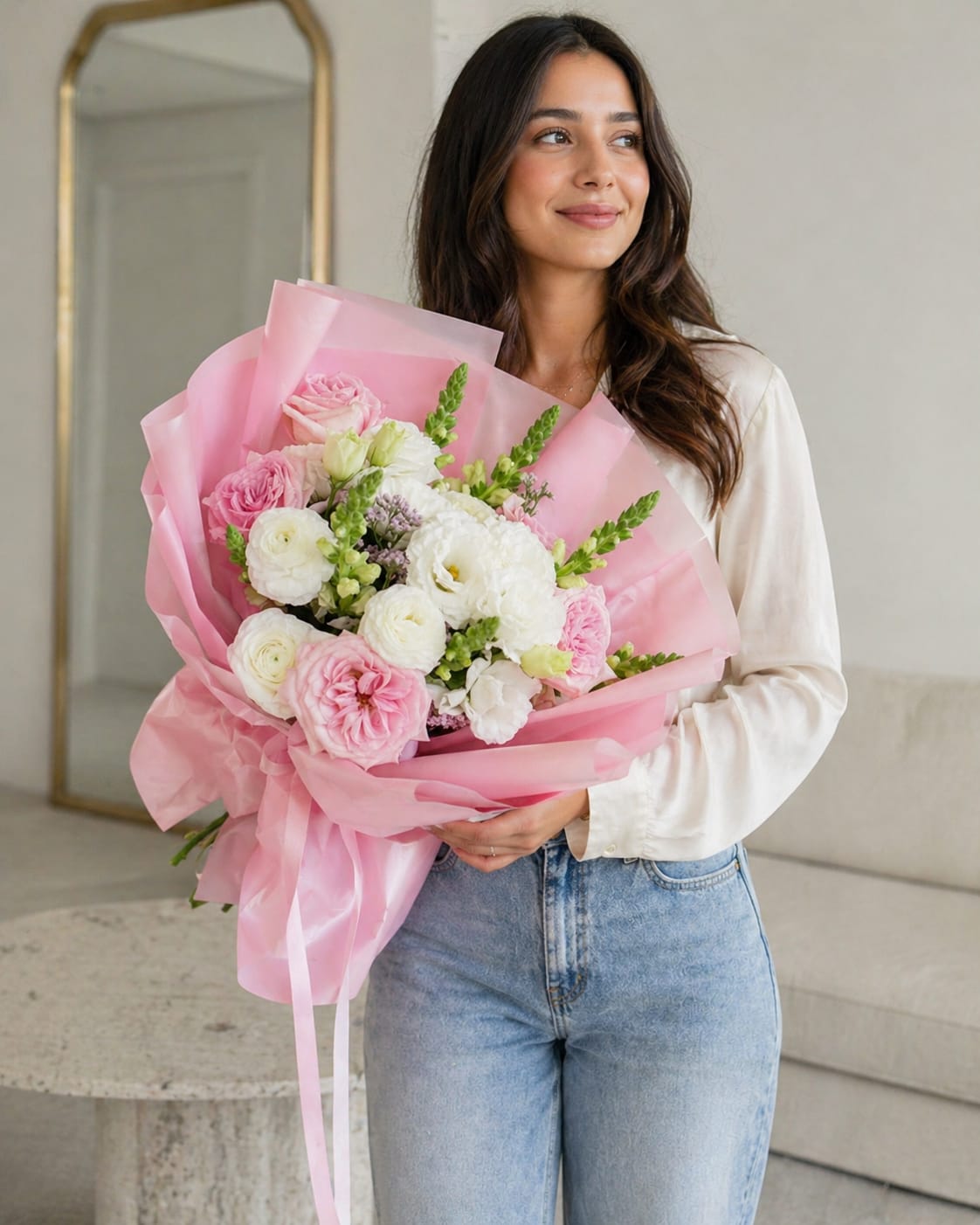 Blush Classic Garden Bouquet - Soft pink roses and creamy ranunculus are clustered together in this large hand-held flower arrangement, the kind of bouquet that makes someone feel truly celebrated. A few upright green snapdragon spikes add fresh contrast and vertical movement, while the translucent pink paper wrap and long ribbon tails give the bouquet a polished, romantic finish-perfect as a birthday bouquet, anniversary flowers, or a heartfelt Mother's Day gift.  Tightly gathered for a lush, tactile look, the composition mixes soft petals and slim green accents for a balanced, feminine palette of pink, white, and green. The arrangement is finished with a pink paper wrap and cascading ribbon to keep it elegant and easy to carry. Designed to delight the person you're thinking of, this bouquet arrives ready to present and brings an immediate impression of warmth and care.