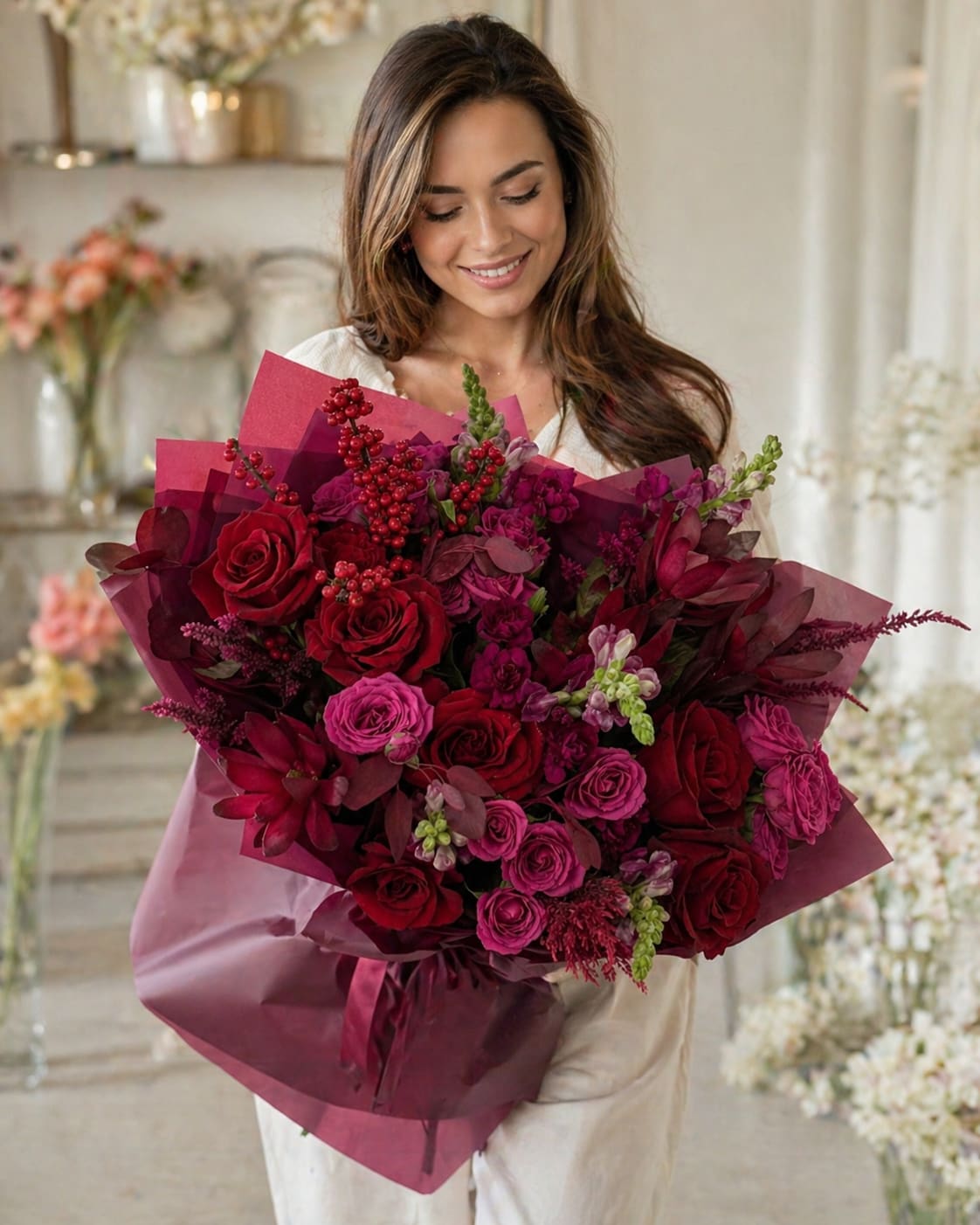 Burgundy Romance Luxury Bouquet - A lush, hand-tied rose bouquet that reads like a declaration of love-packed with deep red and bright pink roses and layered with smaller accent blooms and berry-like stems for texture. This flower arrangement is perfect as an anniversary bouquet or Valentine's Day gift to make the person you're thinking of feel deeply cherished; the saturated red-and-pink palette gives an immediate romantic impact.  Generous and full in scale, the arrangement has a dense, rounded silhouette that looks abundant from every angle. It's wrapped in translucent magenta floral paper and finished with a satin ribbon for a polished, gift-ready presentation; stems are gathered tightly to maintain its hand-tied shape and visual heft. The mix of roses, accent blooms, and green touches creates a rich contrast of color and texture that reads as both classic and luxurious.  Give this to a partner, spouse, or special someone to mark anniversaries, romantic milestones, or simply to say "I love you" with real drama. For best enjoyment, place in fresh water upon arrival, recut stems if possible, and keep away from direct heat to extend vase life.