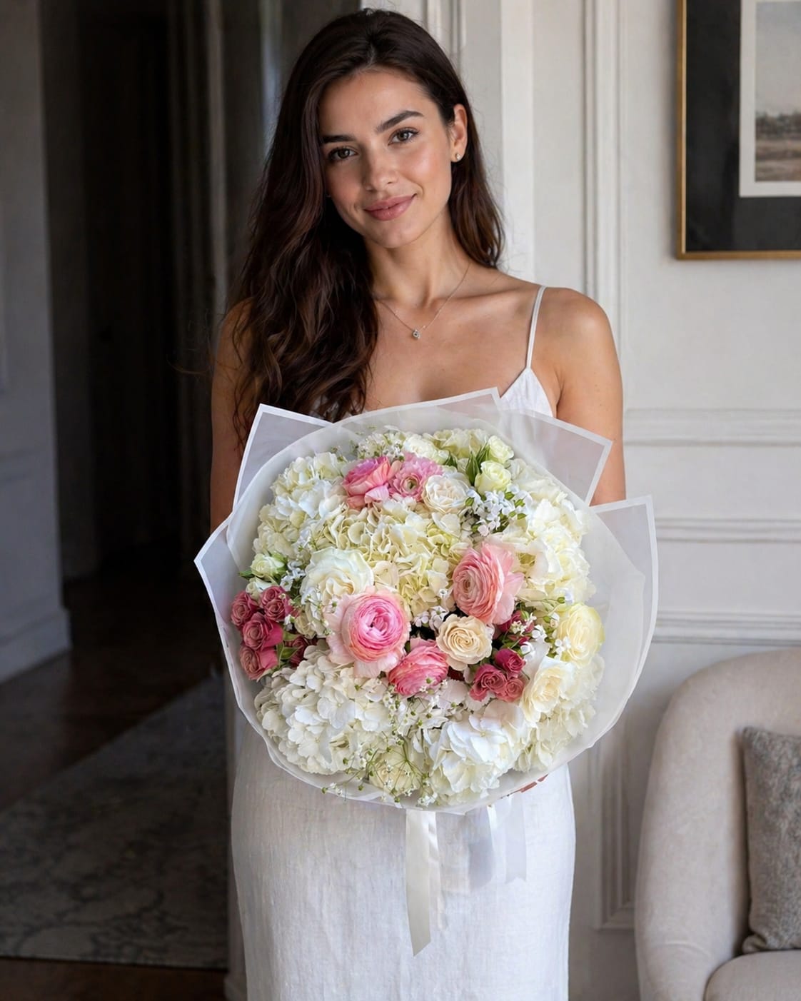 Blush Ivory Elegance Bouquet - Creamy white hydrangeas and soft pink clusters form a lush, rounded hand-tied bouquet designed to make the recipient feel truly cherished-ideal as an anniversary roses alternative, bridal bouquet, or birthday bouquet to mark a special moment. The Blush Ivory Elegance Bouquet reads like a garden in full bloom: romantic, refined, and effortlessly celebratory for weddings, anniversaries, birthdays, or as a thoughtful everyday gift.  This arrangement mixes full hydrangea heads with rose-like blooms and layered ranunculus to create a soft, textured silhouette in white, pink, and mixed tones. Wrapped in translucent white paper and secured with a pale ribbon, the presentation is airy and refined-easy to carry into a celebration or set on a tabletop. The large, rounded size gives a generous presence so she'll feel genuinely seen and celebrated from the moment it arrives.  Perfect for the person who loves classic, romantic florals, this bouquet arrives ready to gift-no fussing needed. To keep it looking fresh, recut stems and place in clean water on arrival; for same-day celebrations, its full heads and tight bud structure hold up beautifully through photos and toasts.