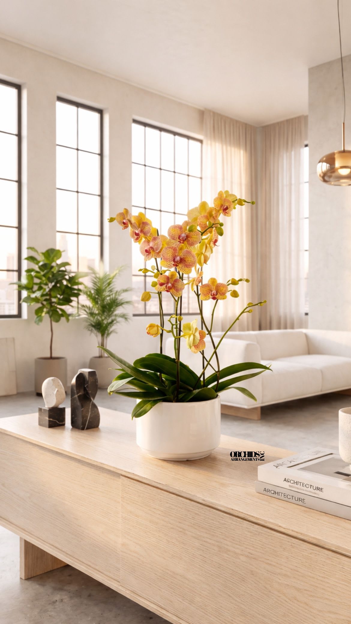 Potted yellow and pink orchids in a white planter on a table