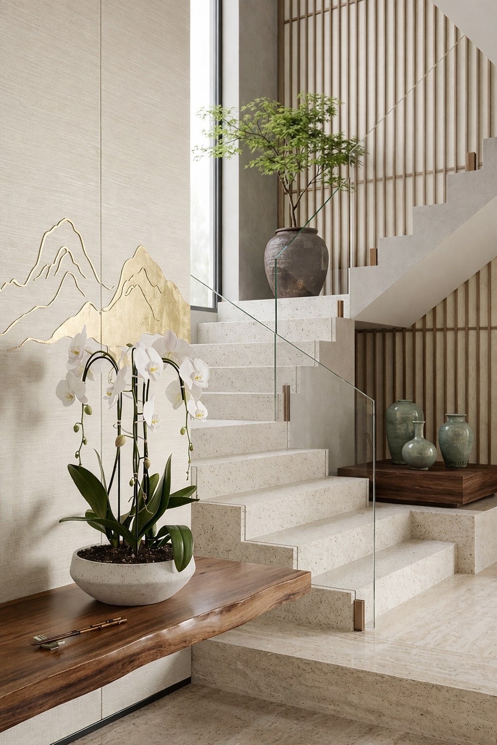 Tranquil Orchid Miami - This elegant Triple White Phalaenopsis Cascade orchid arrangement creates a striking vertical presence, making it ideal for grand interiors and modern living spaces with a vase 13" D X 4.5" T. 