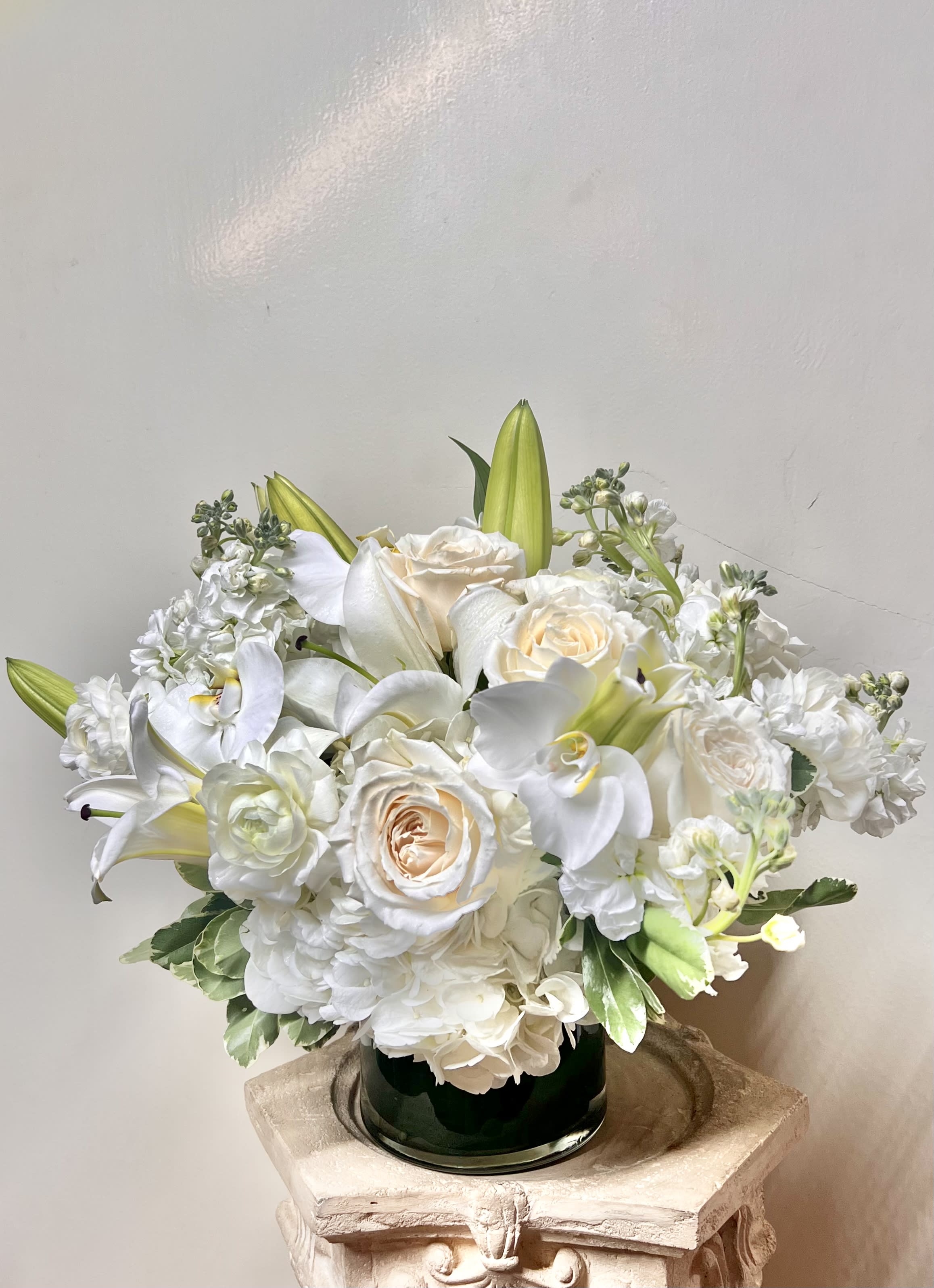 Euphoria Cloud - New beginnings deserve flowers! This all white arrangement includes roses, orchids, and hydrangeas. Euphoria Cloud is the perfect any occasion. **Picture is for visual only actual product may vary based on flowers and vase availability.  APPROXIMATE DIMENSIONS 15" W X 13" H