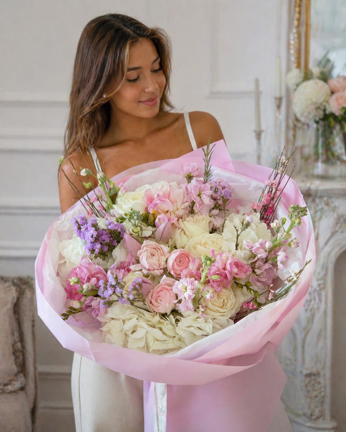 Pastel Garden Elegance Bouquet - A lush, garden-style flower arrangement in soft pastels that feels like a romantic spring morning-perfect as a wedding bouquet, anniversary roses alternative, or birthday gift for someone who loves delicate color. This large hand-tied bouquet combines roses and airy stock with voluminous hydrangeas and small filler blooms in blush pink, cream, white, lavender, and fresh green, so the person you're thinking of will feel truly celebrated the moment they see it.  The mix of rounded blooms and spire-like stock creates both visual fullness and light, textural movement; hydrangea heads add a generous, cloud-like base while roses bring classic elegance and the stock and fillers add soft scent and a garden-fresh silhouette. Finished in a pink floral wrap for a polished, feminine presentation, this arrangement arrives ready to gift and display.  Ideal for weddings, anniversaries, birthdays, or as a thoughtful springtime surprise, this piece suits anyone who treasures soft, romantic florals. As a hand-tied bouquet, it's easy to place into a favorite vase-trim stems and refresh the water to extend enjoyment and keep blooms looking their best.