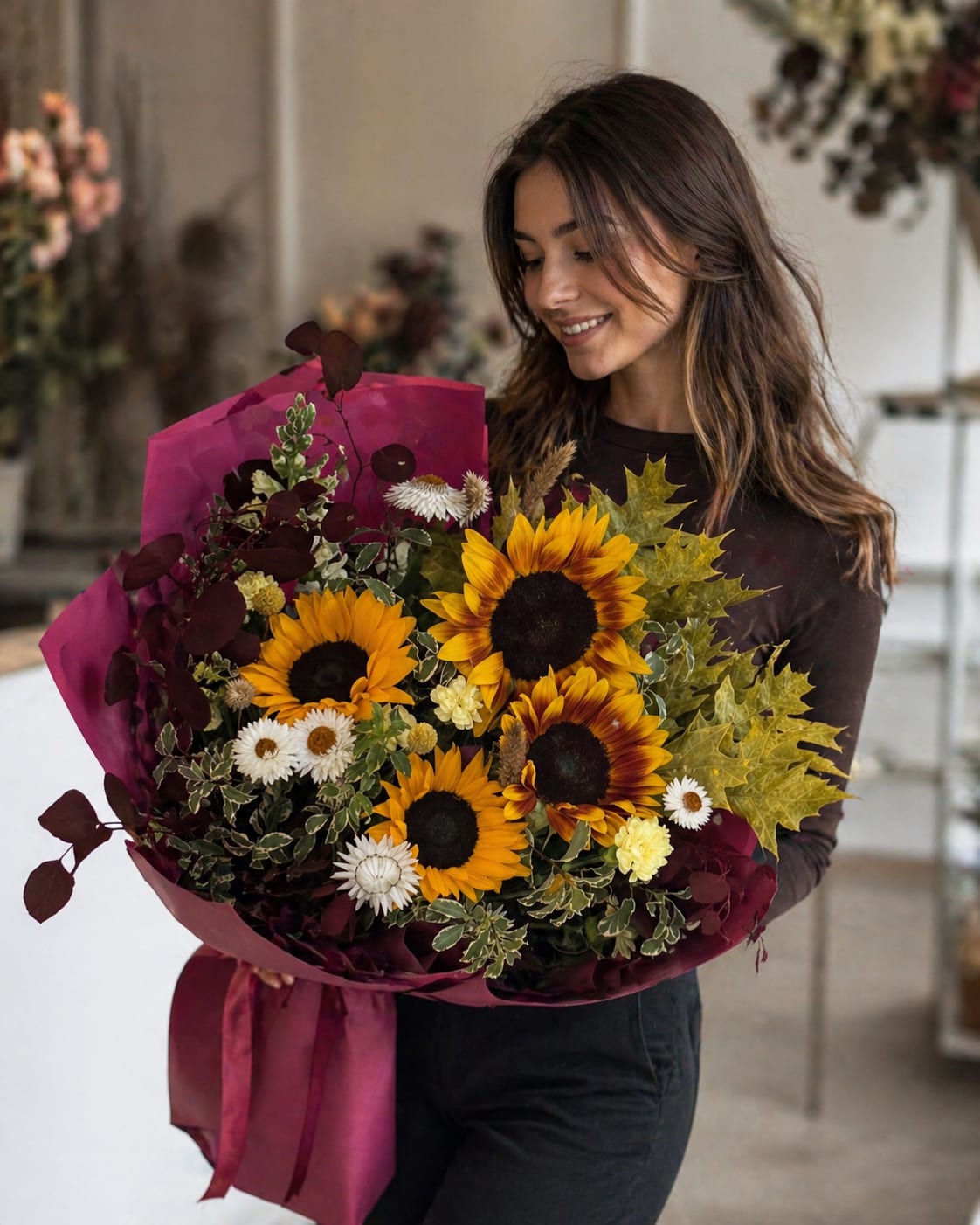 Autumn Glow Sunflower Bouquet - Big, golden sunflowers take center stage in this cheerful flower arrangement-an ideal birthday bouquet or thank-you gift that reads as bright, warm, and unmistakably joyful. The mix of sunflowers with white daisy-like blooms and pale yellow filler creates a sunny, abundant look perfect for everyday gifting or seasonal fall occasions; the deep burgundy foliage and variegated greenery add rich contrast so the recipient will feel genuinely celebrated.  This hand-tied arrangement is wrapped in bold magenta paper and finished with a coordinating ribbon for a rustic-yet-polished presentation that stands out from the moment it arrives. Chrysanthemums and other textural blooms fill the bouquet for fullness and lasting presence, while the color palette of yellow, pink, white, and green keeps the feel fresh and versatile.  Send this to a friend, colleague, or family member to mark a birthday, say thanks, or brighten an autumn day-the kind of arrangement that looks great on a kitchen table and holds up well as the days pass. For best results, recut stems and refresh the water upon arrival to extend vase life.