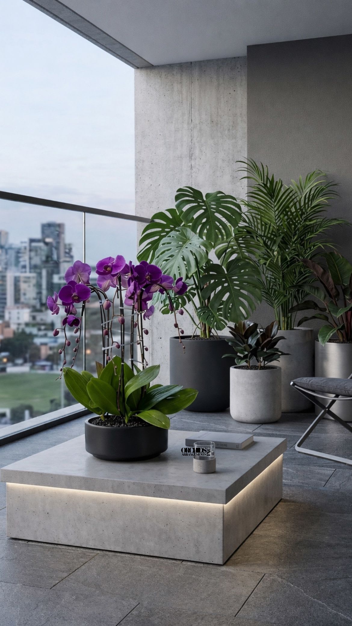 Purple orchids in pots with several leafy houseplants on a modern patio