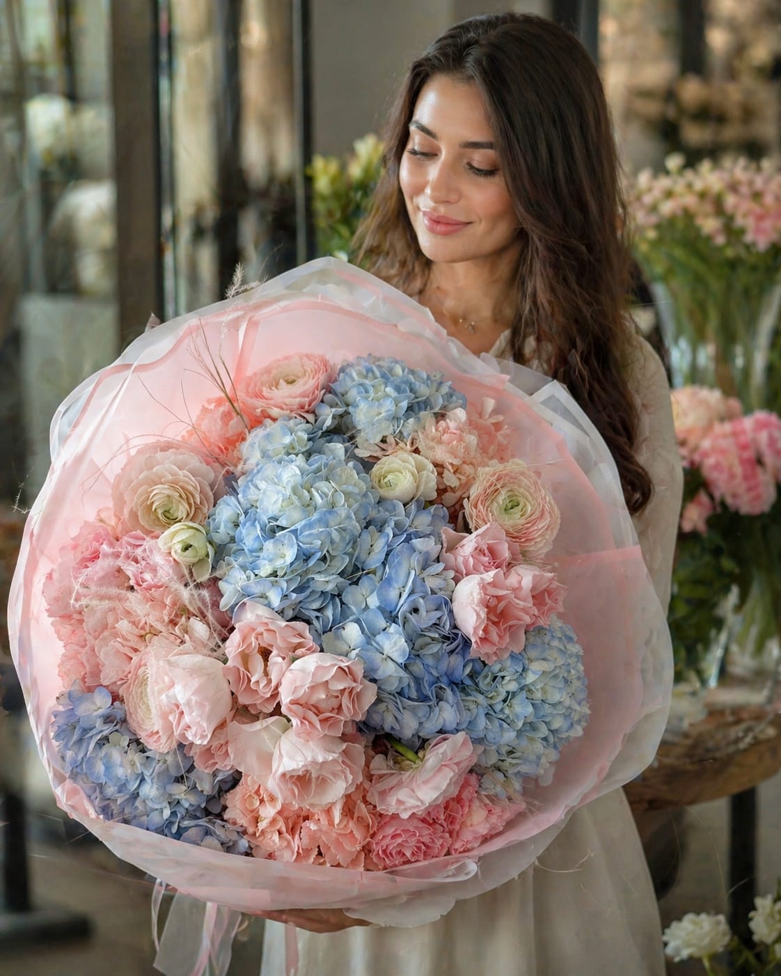 Blush &amp; Blue Hydrangea Luxury Bouquet - Soft blue hydrangeas form the lush heart of this large rounded flower arrangement, surrounding delicate pink ranunculus and peach roses for a romantic anniversary bouquet or spring wedding gift. The pastel mix of pink, blue, white, and peach reads gentle and celebratory-the kind of arrangement that makes the person you're thinking of feel truly seen and cherished.  Layered carnations and full-petaled blooms add texture and an abundant, garden-fresh look, while translucent pink wrapping paper and a tied ribbon give it an elegant, gift-ready finish. Ideal for anniversaries, weddings, or a special birthday, this bouquet arrives ready to present and brightens a room with soft color and luxurious volume; no additional assembly required.