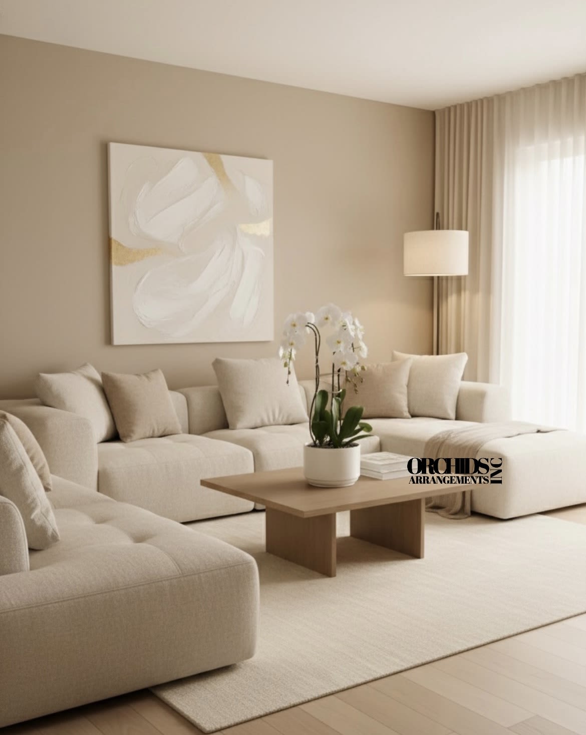 White orchid plant in a white pot on a coffee table