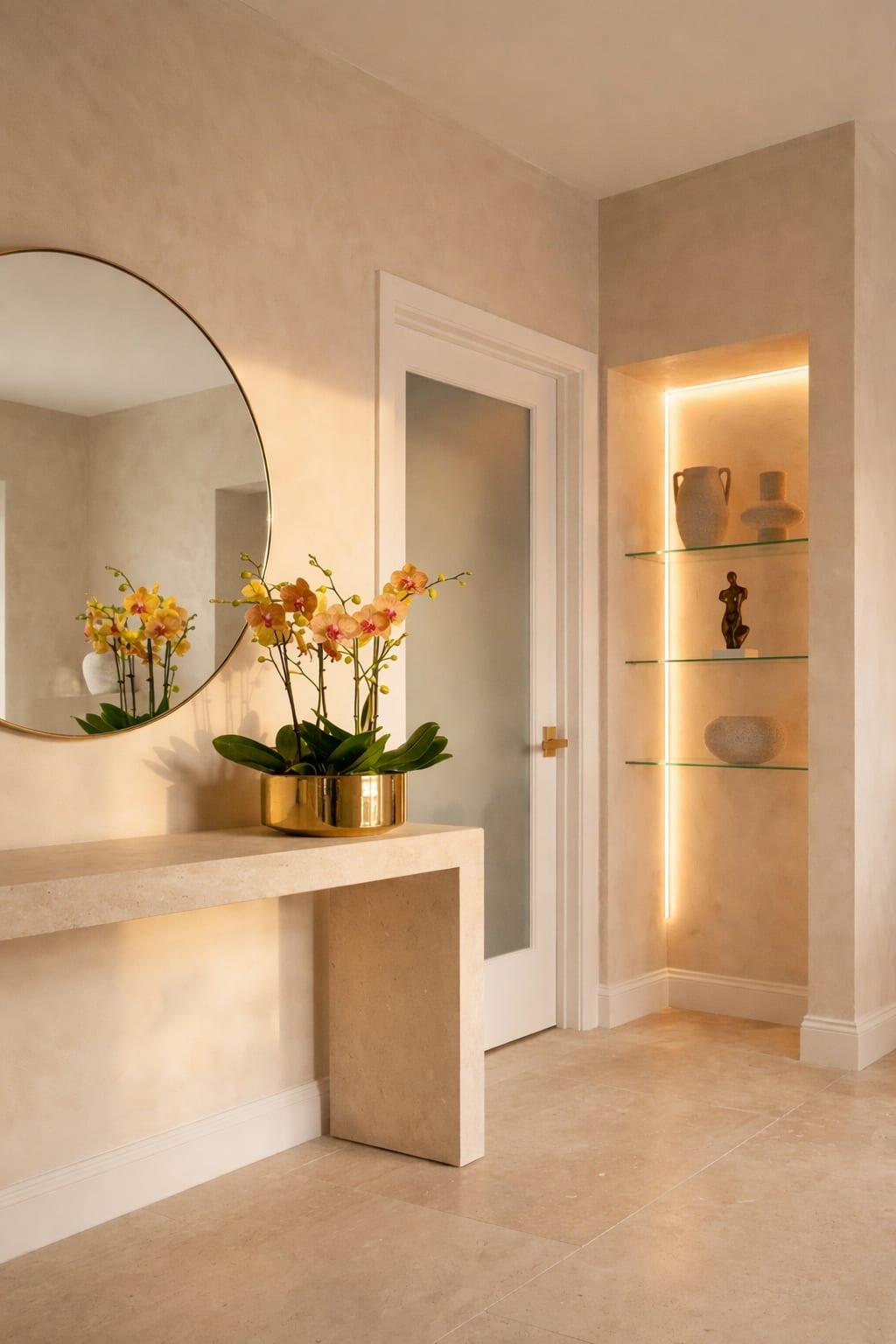 Curated Orchid Miami - This elegant Six Peach Phalaenopsis Cascade orchid arrangement creates a striking vertical presence, making it ideal for grand interiors and modern living spaces with a vase 12" D X 5" T. 