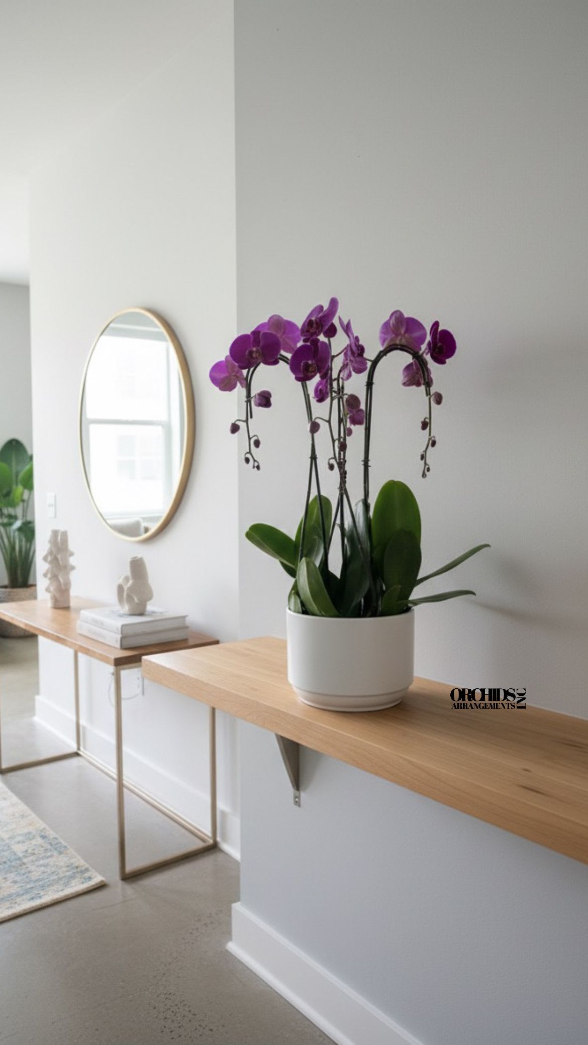 Purple orchids in a white pot on a wooden table