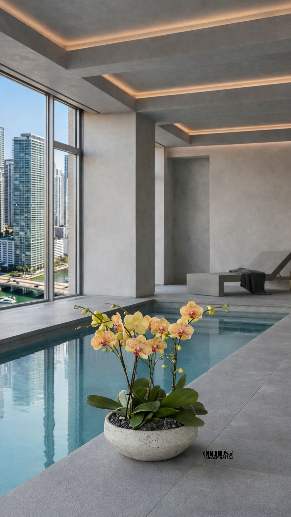 Light Orchid Miami - This elegant Five Peach Phalaenopsis Cascade orchid arrangement creates a striking vertical presence, making it ideal for grand interiors and modern living spaces with a vase 13" D X 4.5" T.