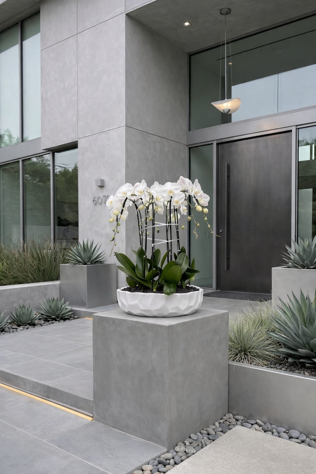 Balanced Orchid Miami - This elegant Nine White Phalaenopsis Cascade orchid arrangement creates a striking vertical presence, making it ideal for grand interiors and modern living spaces with a vase 19.5" D X 5" T.
