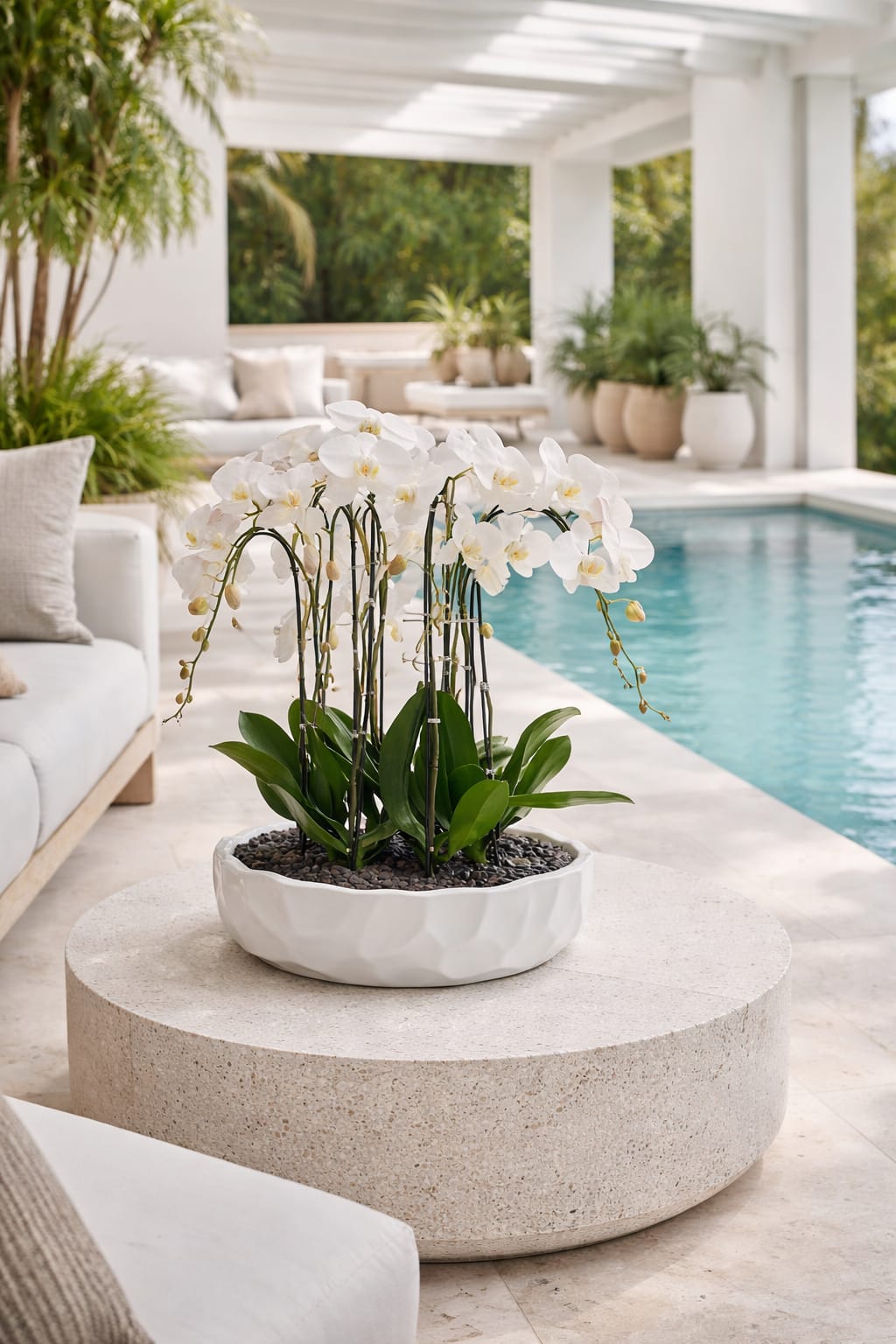 Floral Orchid Miami - This elegant Eight White Phalaenopsis Cascade orchid arrangement creates a striking vertical presence, making it ideal for grand interiors and modern living spaces with a vase 19.5" D X 5" T. 