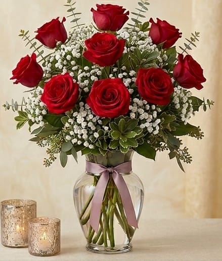 Red Roses - Long-stemmed red roses, that makes a statement! This vase is packed with gorgeous red roses, sure to turn heads!