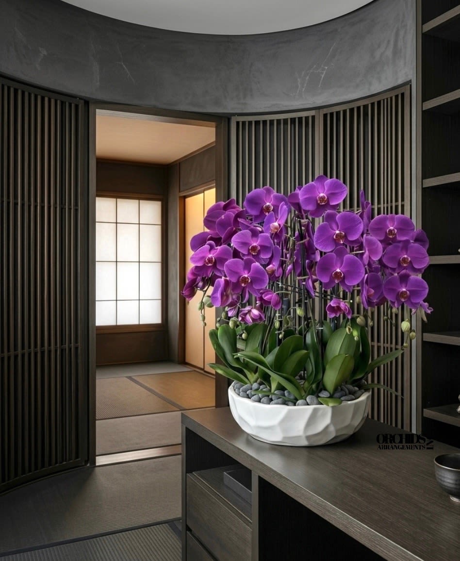 Large purple phalaenopsis orchid arrangement in a white bowl with stones on a dark wood table