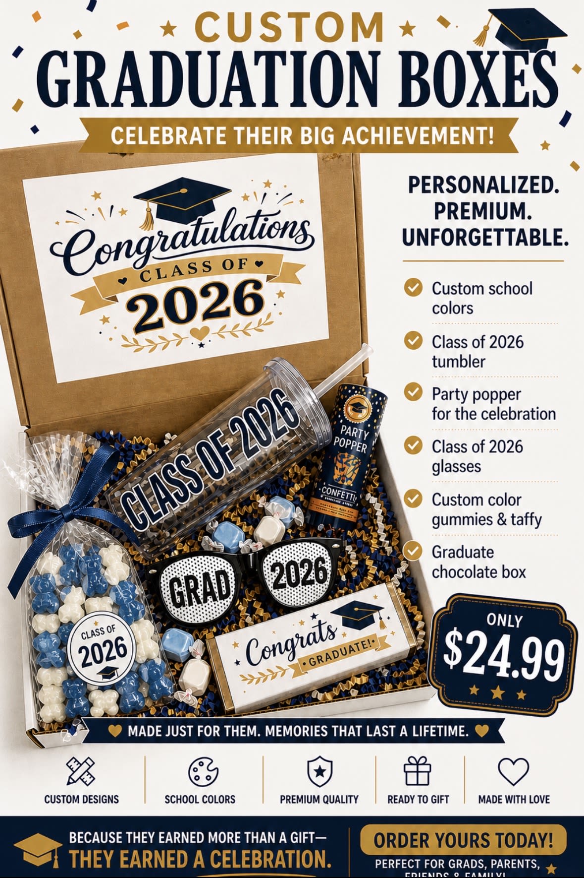 Graduation Box  - Custom Graduation Celebration Box  A fun, personalized gift box filled with graduation-themed treats, keepsakes, and custom school colors—perfect for celebrating your graduate’s big achievement in a memorable way. 