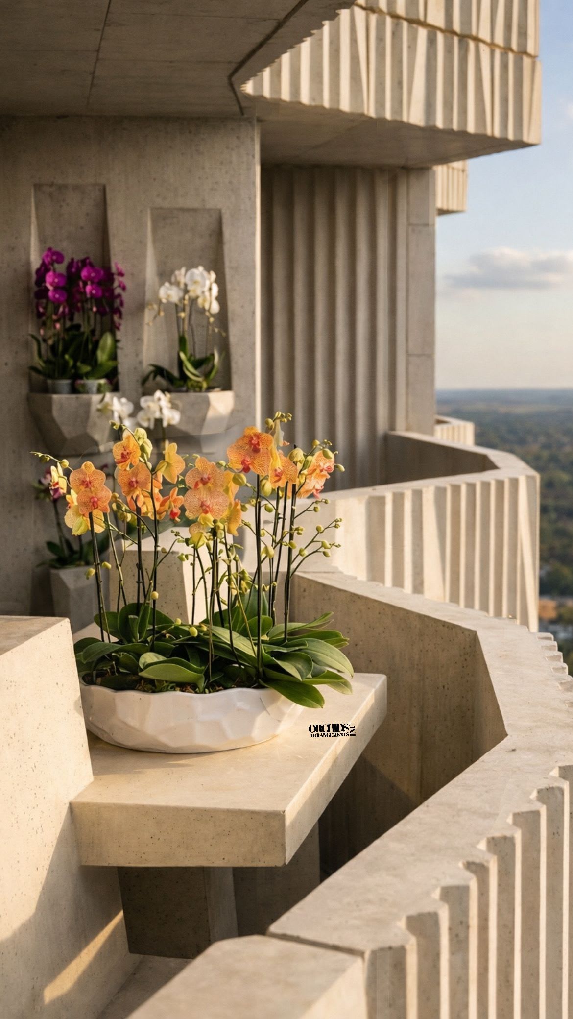 Peach and yellow phalaenopsis orchids in a white bowl on a concrete balcony with other orchids in wall planters.