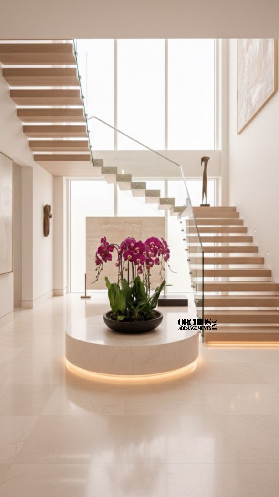 Potted purple orchids in a shallow black bowl on a pedestal