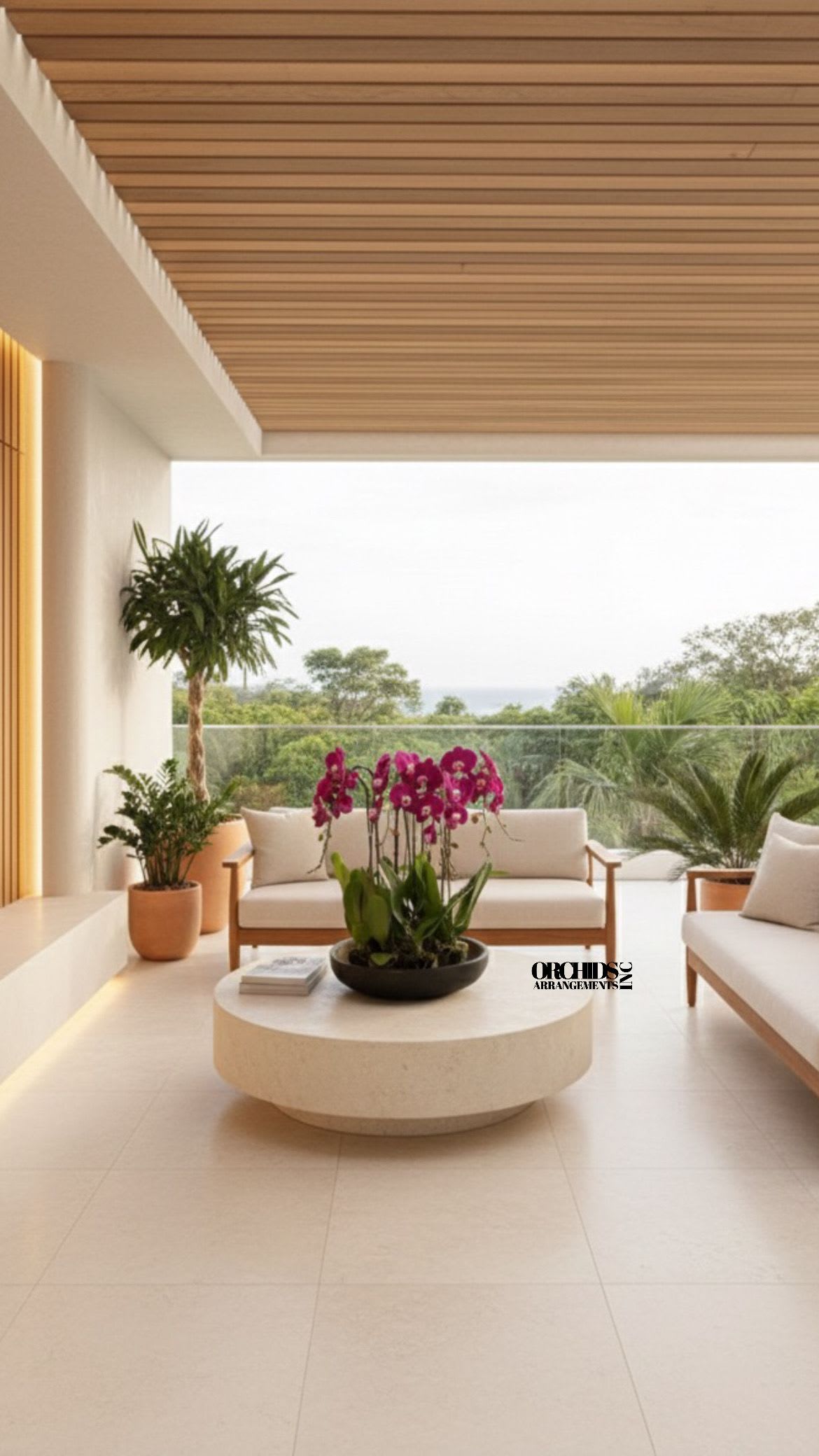 Potted magenta orchids arranged on a low round table in a modern patio