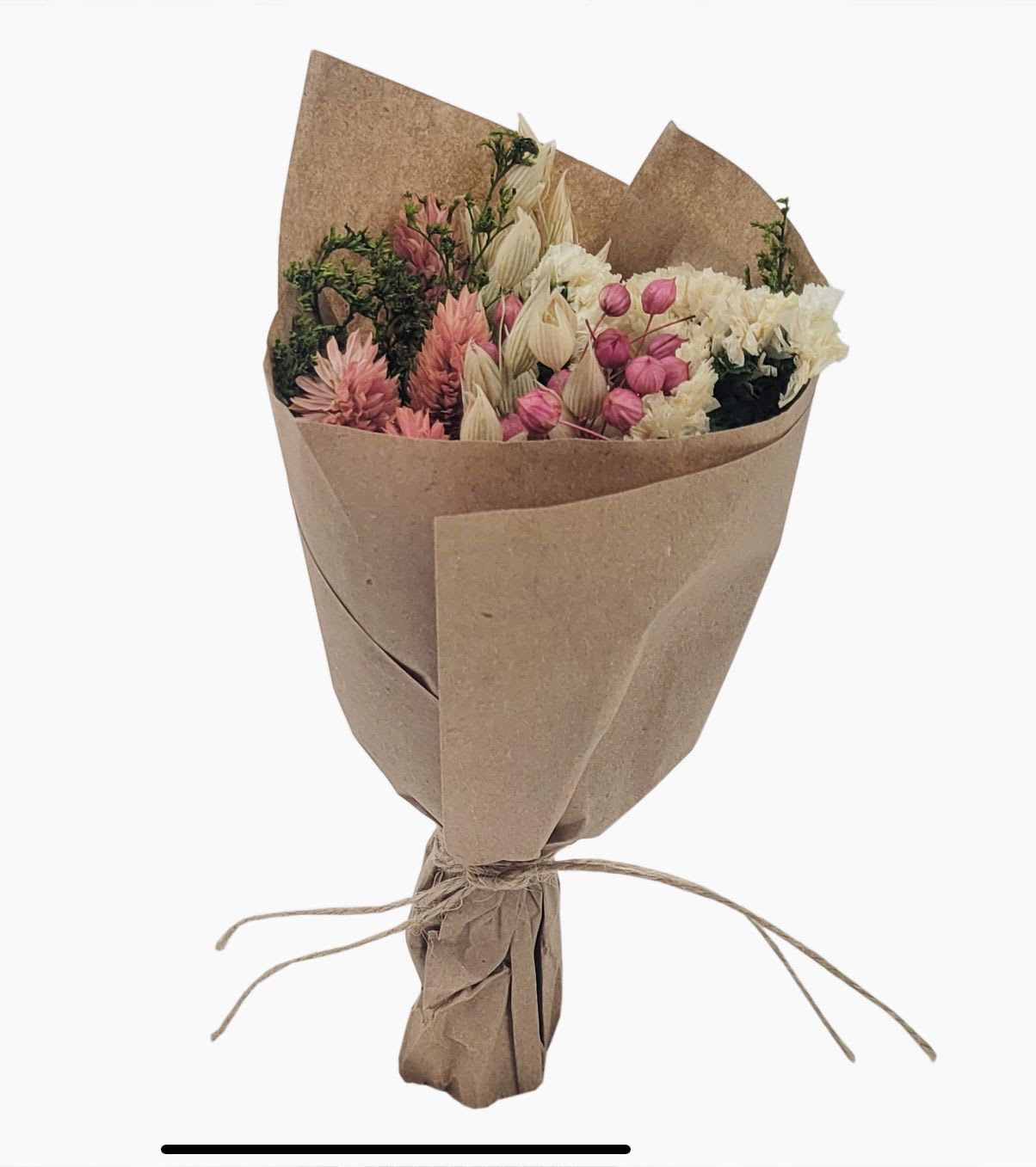 Mini Graceful Floral Bouquet  - Mini Graceful Dried Flower Bouquet is an adorable accent or gift for any occasion. Each mini bouquet is thoughtfully arranged with dried florals, wrapped in Kraft paper, and tied with a rustic jute rope. This petite bundle adds a charming, natural touch to your tablescape, decorative shelf, or mantle. 7" length