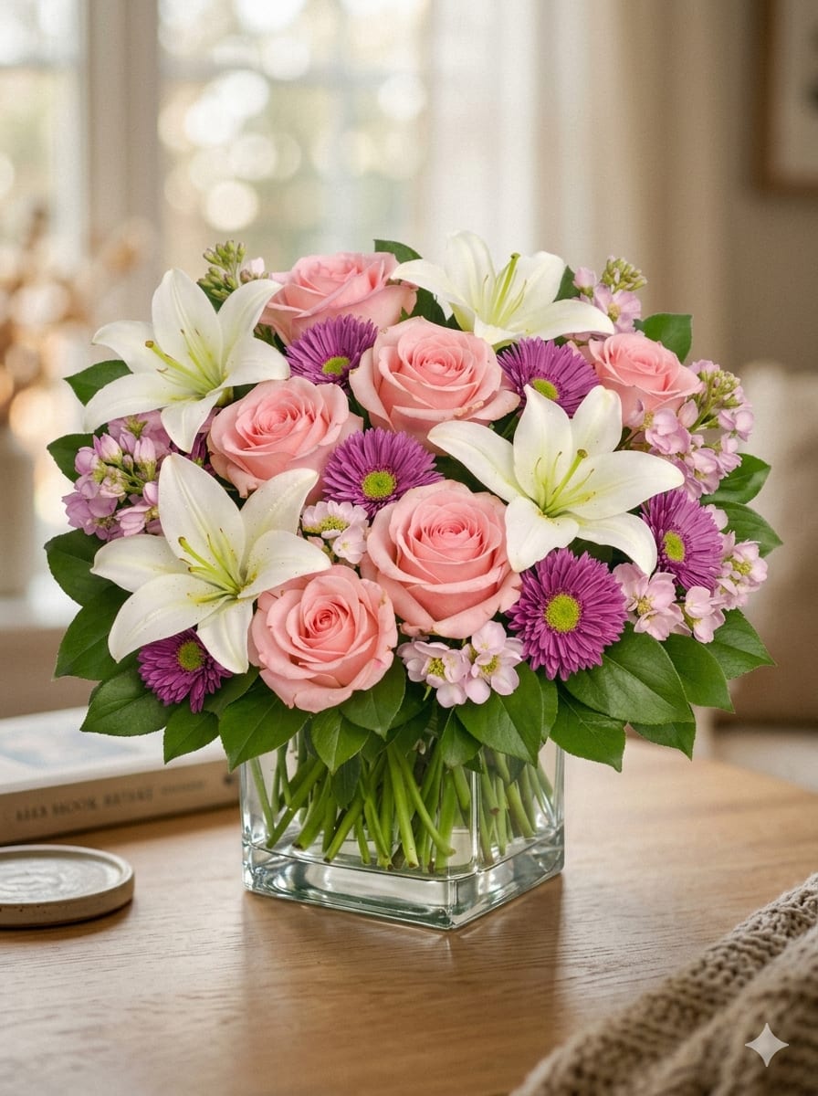 Mother’s Embrace - Show Mom how much she’s loved with this radiant mix of pink roses, white lilies, and purple blooms — all nestled in fresh lemon leaf greenery. Elegant, fragrant, and full of color, it’s the perfect way to say thank you for everything.