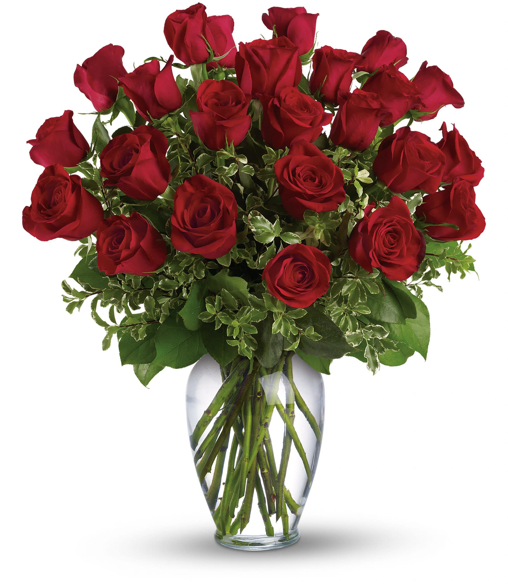 Tall arrangement of red roses in a clear glass vase of water