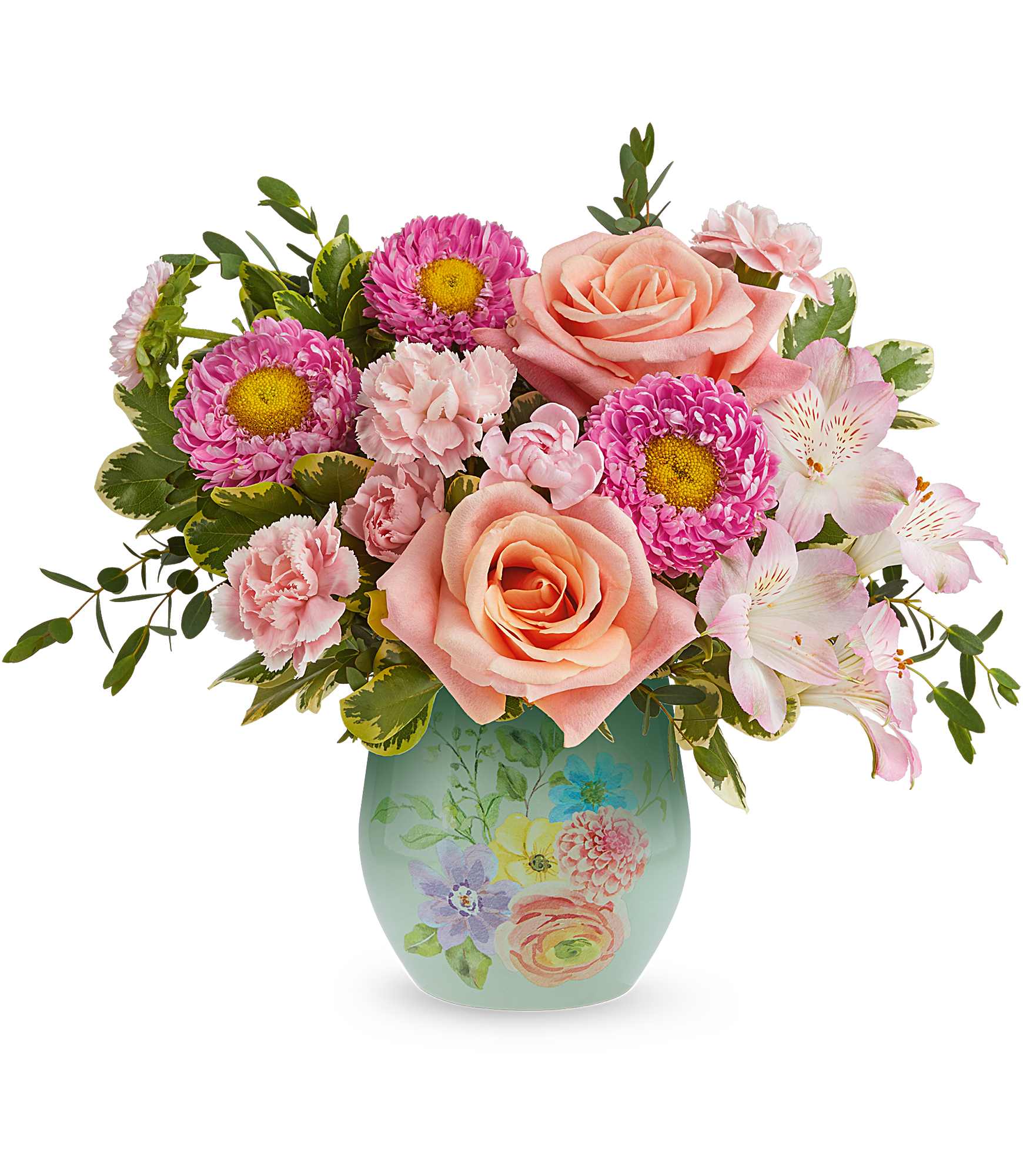 Watercolor Garden - Teleflora's Watercolor Garden Bouquet is a cheerful Mother's Day flower arrangement of peach and pink blooms, beautifully presented in Teleflora's Watercolor Garden Vase keepsake-perfect for celebrating Mom with fresh spring style. Teleflora's Watercolor Garden Bouquet features peach roses, pink alstroemeria, miniature pink carnations, and pink Matsumoto asters, accented with parvifolia eucalyptus and variegated pittosporum, delivered in Teleflora's Watercolor Garden Vase. Approximately 12" W x 10 1/2" H 