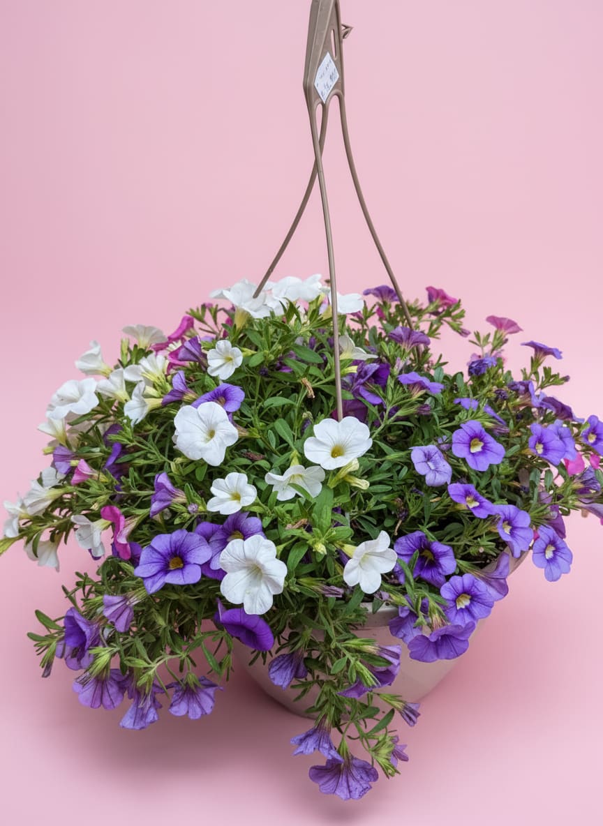 10” Hanging Basket  - 10-inch hanging baskets featuring a variety of blooming plants, ready to hang and enjoy. Colors and plant varieties will vary depending on what’s currently available.