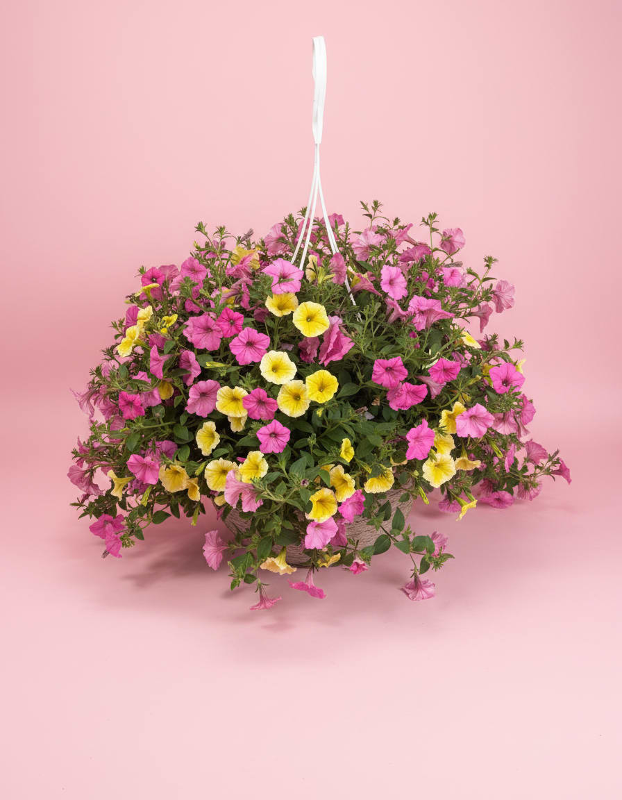 12” Hanging Basket - 12-inch hanging baskets featuring a variety of blooming plants, ready to hang and enjoy. Colors and plant varieties will vary depending on what’s currently available.
