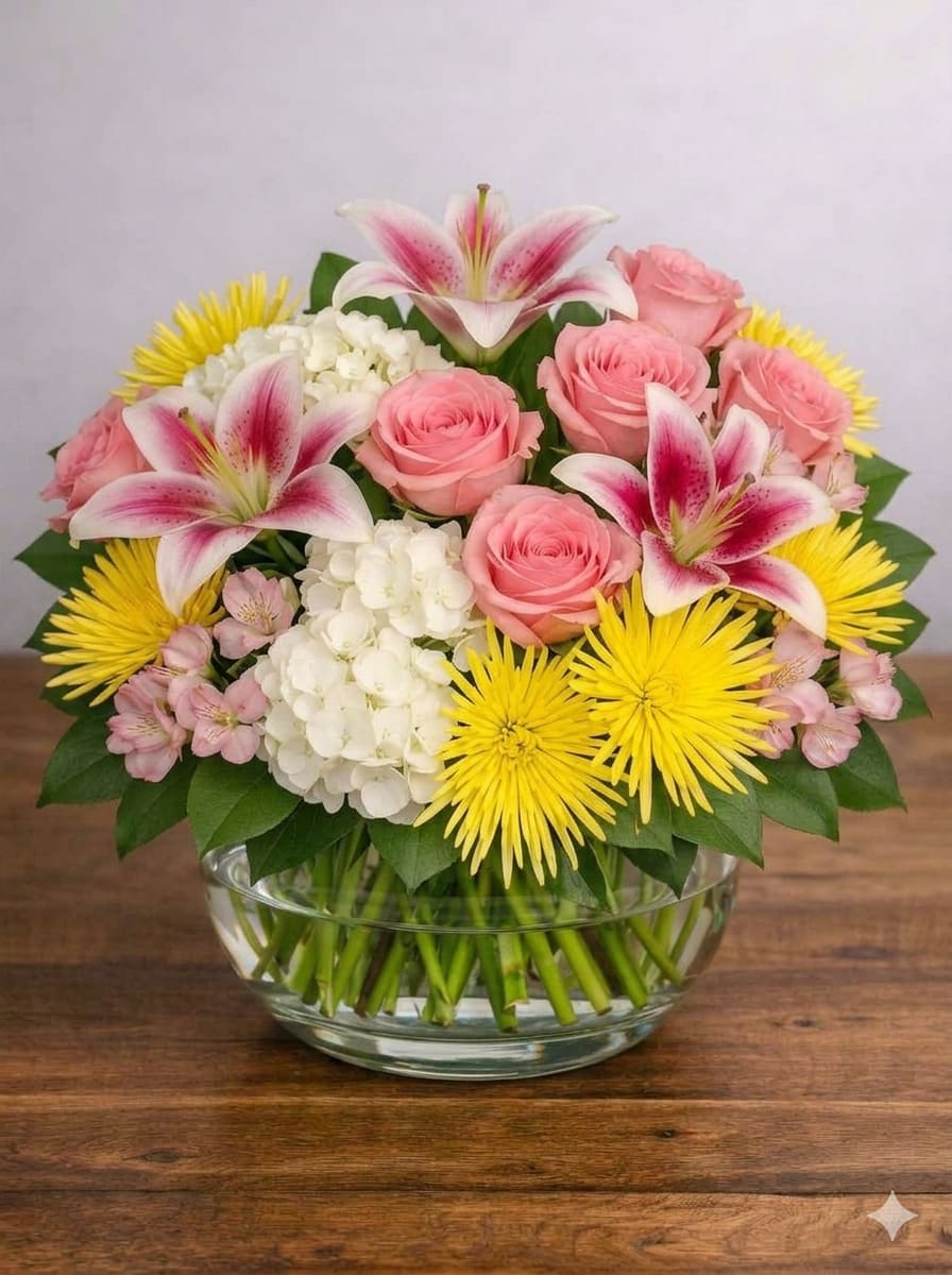 Radiant Affection - Brighten Mom’s day with this stunning mix of pink roses, Stargazer lilies, yellow spider mums, and white hydrangeas — artfully arranged in a compact glass bubble bowl. The vibrant colors and lush salal greenery create a cheerful, elegant design that symbolizes love, gratitude, and joy. Perfect for Mother’s Day gifting or as a centerpiece that lights up any room.