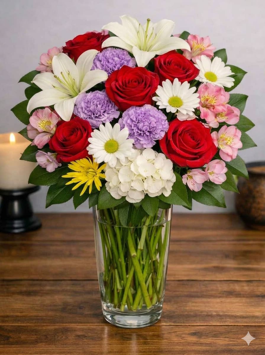 Graceful Bloom - Honor Mom with this elegant display of red roses, white lilies, lavender carnations, pink alstroemeria, and cheerful white daisies — beautifully arranged in a tall, clear glass vase. The mix of colors and textures creates a timeless expression of love and appreciation, making it the perfect gift to brighten her day and her home.