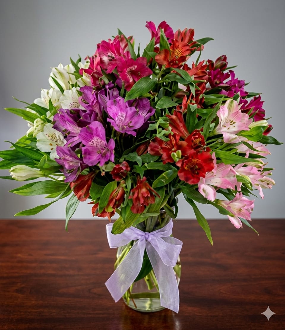 Blushing Grace - Celebrate Mom with a radiant bouquet of assorted Peruvian lilies in shades of pink, red, lavender, and white — elegantly arranged in a clear glass vase tied with a soft ribbon. Each bloom symbolizes love, friendship, and devotion, creating a cheerful and graceful display that brightens any space.
