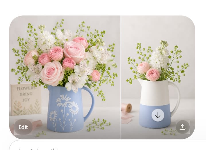 Mommy and Me (Limited Qty) - What a beautifully sentimental gift for Mother's day.  Flowers from the child for the mother, in matching milk jugs and flowers that bring to life the whimsical world of Motherhood. Standing beside the mother's flowers, mimicking, yet standing alone, this small jug is the child looking up to it's mother. VASE: This charming soft blue pitcher with a sweet, debossed daisy design meets FDA tableware standards to safely store and serve drinks, giving it strong after-use appeal.