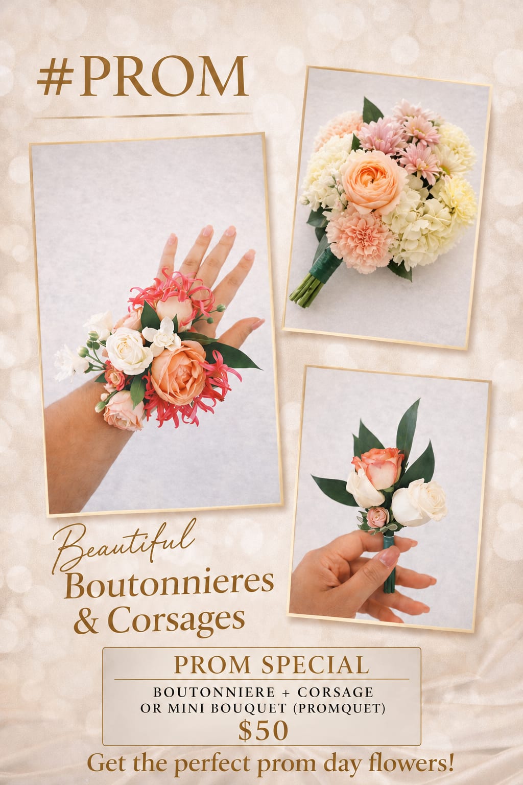 Prom Set Special - Custom boutonniere + prom mini bouquet or corsage + mini bouquet- your choice! designed to match your colors and style. Add color preference and selection (boutonniere or corsage) in notes. $50 per set. 