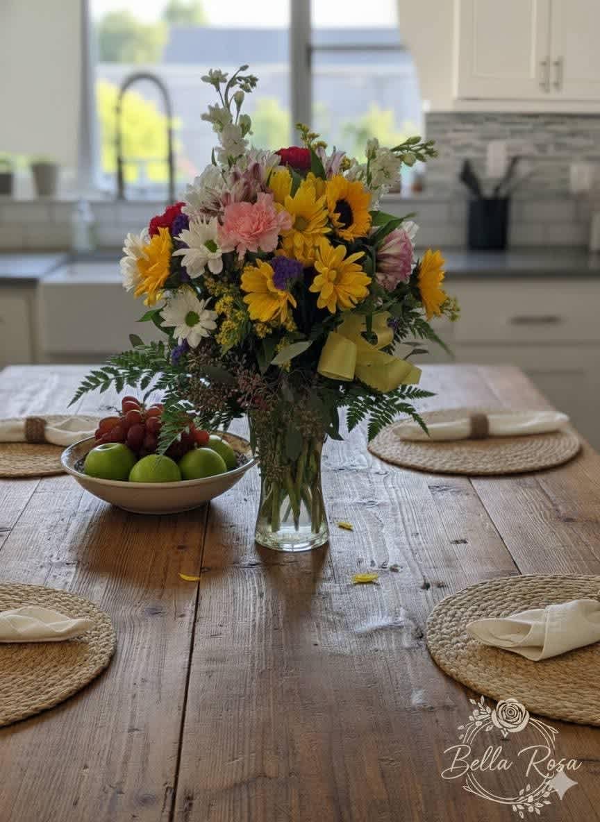 Rustic bloms  - Like a mountain meadow, this charming mix of colorful blooms is a little peace of nature's bliss! Large enough to make a statement,  yet easy enough to make it budget friendly! 