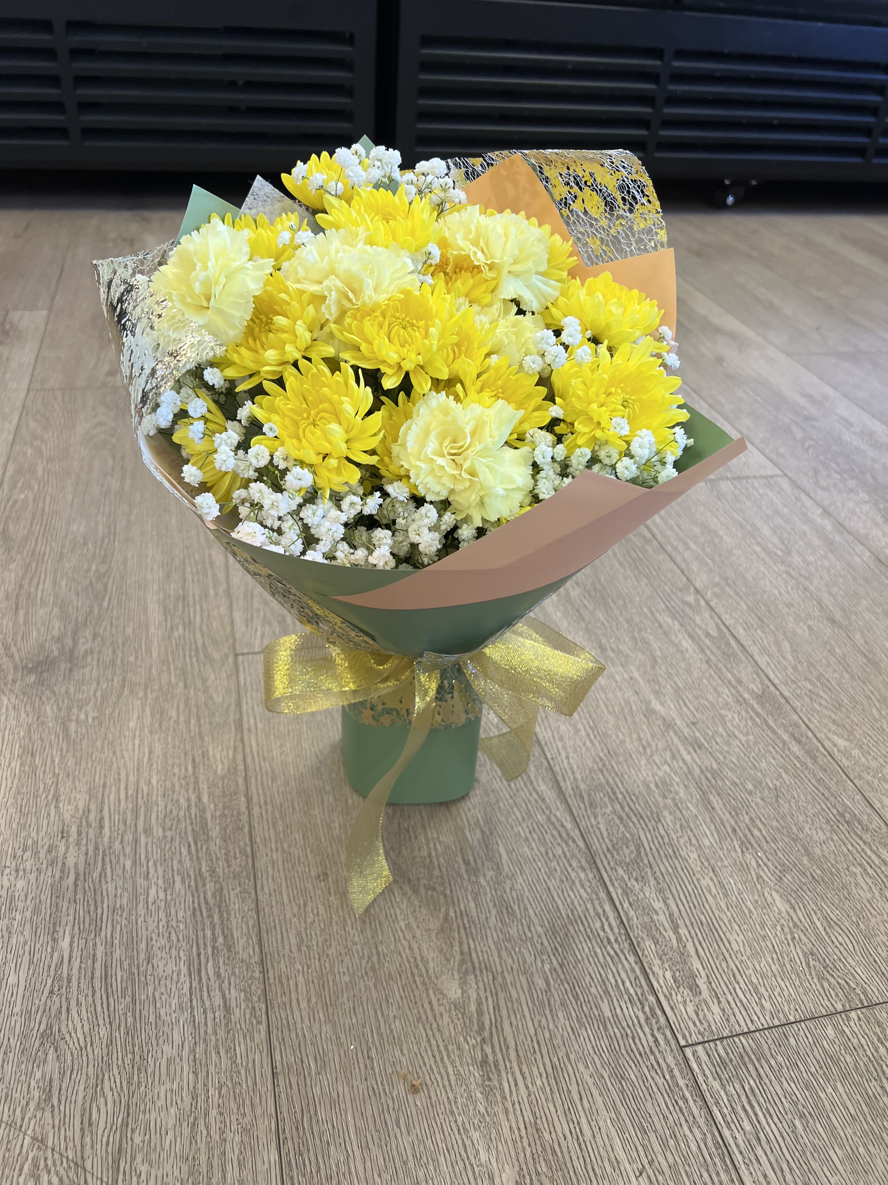 Yellow flowers bouquet - No need to unpack the package .or any maintenance.Comes with floral foam gives flowers all the nutrition and moisture it needs.