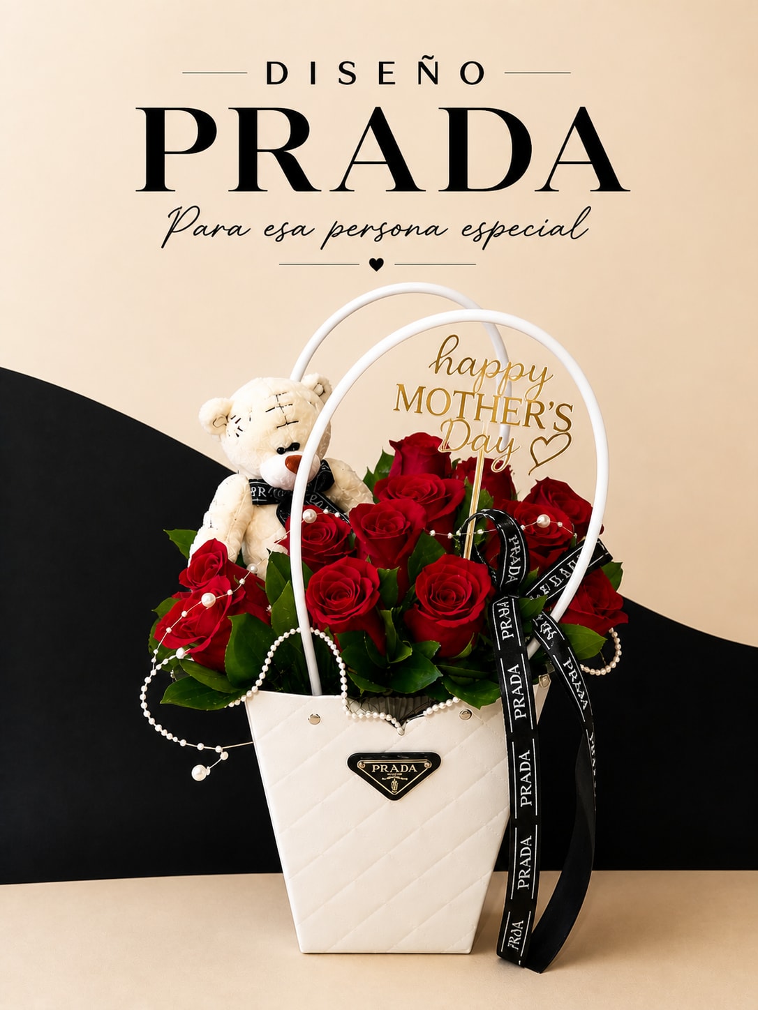 ELEGANT DESIGN (Prada) roses, Happy Mother's Day topper, Prada metal ribbon and logo, small teddy bear - ELEGANT DESIGN (Prada) roses, Happy Mother's Day topper, Prada metal ribbon and logo, small teddy bear