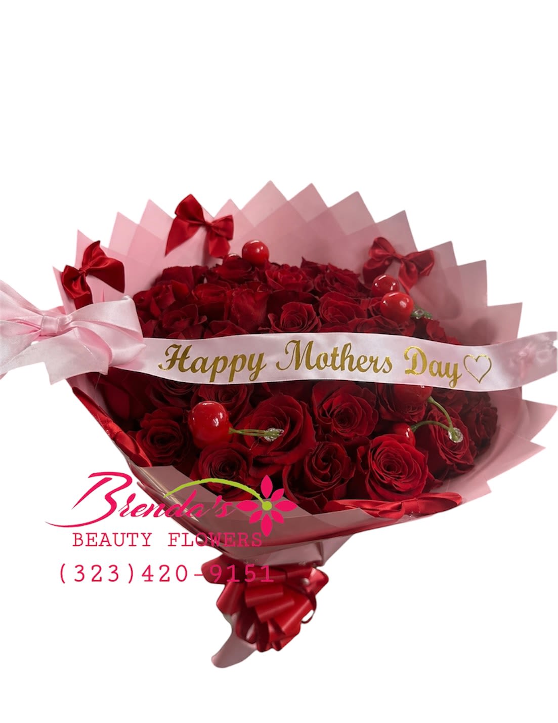 Cherry Love Deluxe - 50 roses but make it EXTRA ️  Cherry vibes  + red roses  + bows  The perfect bouquet to impress mamá or your special someone   Big, bold, and full of love  Because she deserves something unforgettable this Mother’s Day   Limited availability — order now before we sell out!   Brenda’s Beauty Flowers  323-420-9151  www.brendasbeautyflowers.com  Also on DoorDash &amp; Uber Eats for last minute orders   #50Roses #LuxuryBouquet #MothersDayFlowers #RosasRojas #LosAngelesFlorist #BrendasBeautyFlowers