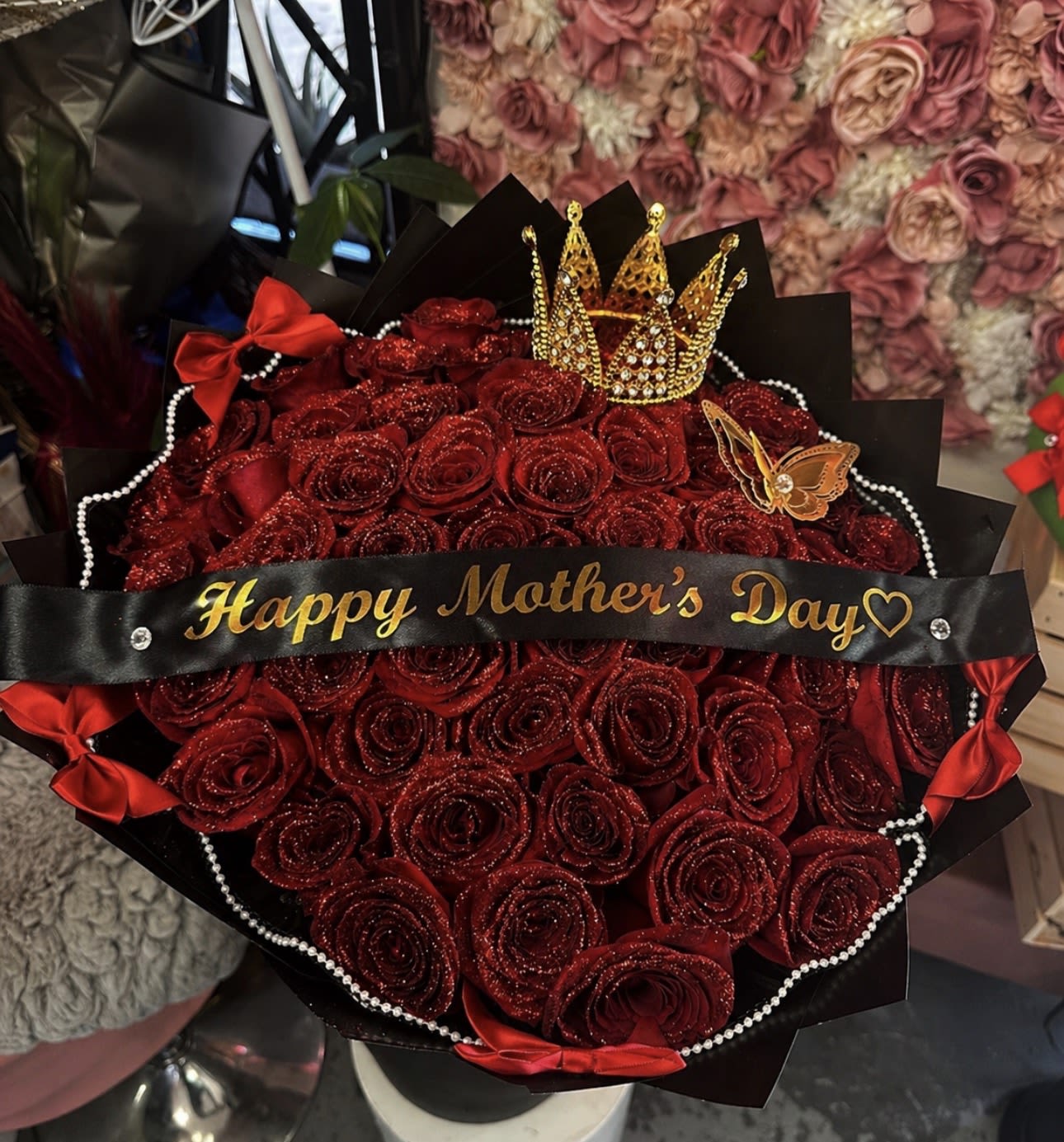 La Reina Bouquet  - “For the Queen who deserves EVERYTHING ️”  Our 50 rose luxury bouquet is made to impress  Includes glitter roses, crown detail &amp; custom ribbon   Perfect for Mother’s Day  Make her feel like the REINA she is    Brenda’s Beauty Flowers  323-420-9151  www.brendasbeautyflowers.com   Available for pickup &amp; delivery  Also on DoorDash &amp; Uber Eats for last minute orders  DM or text to order   #MothersDayFlowers #LAFlorist #LuxuryBouquet #RosasRojas #FlowerShopLA