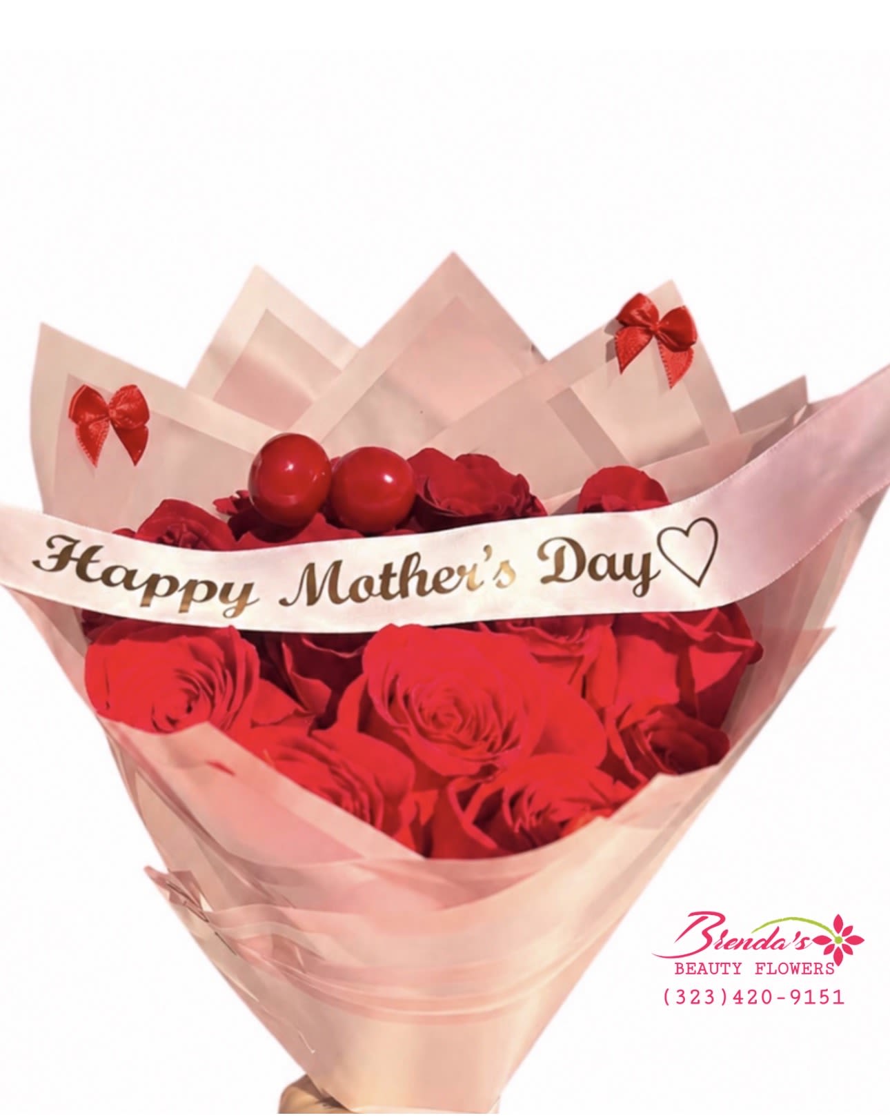 Coquette style For a Mom - Cherry Love  ️  Standard 12 red roses  Deluxe 25 roses  Premium 36 roses   with cherry details  + bows Cute, romantic, and giving ALL the love vibes   Perfect for Mother’s Day Small but extraaaa special   Limited availability — order now before we sell out!   Brenda’s Beauty Flowers 323-420-9151 www.brendasbeautyflowers.com  Also on DoorDash &amp; Uber Eats for last minute orders   #CherryBouquet #DozenRoses #MothersDayFlowers #RosasRojas #LosAngelesFlorist #BrendasBeautyFlowers