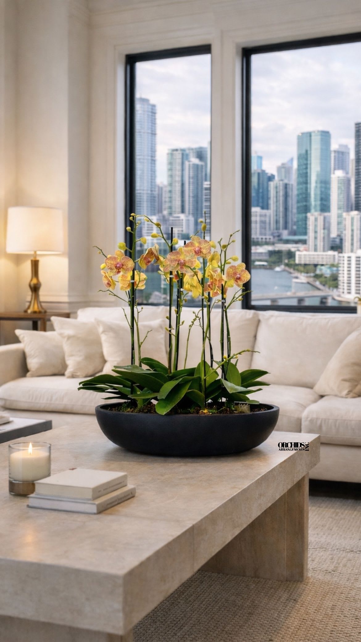 Potted orchid arrangement in a black bowl on a coffee table