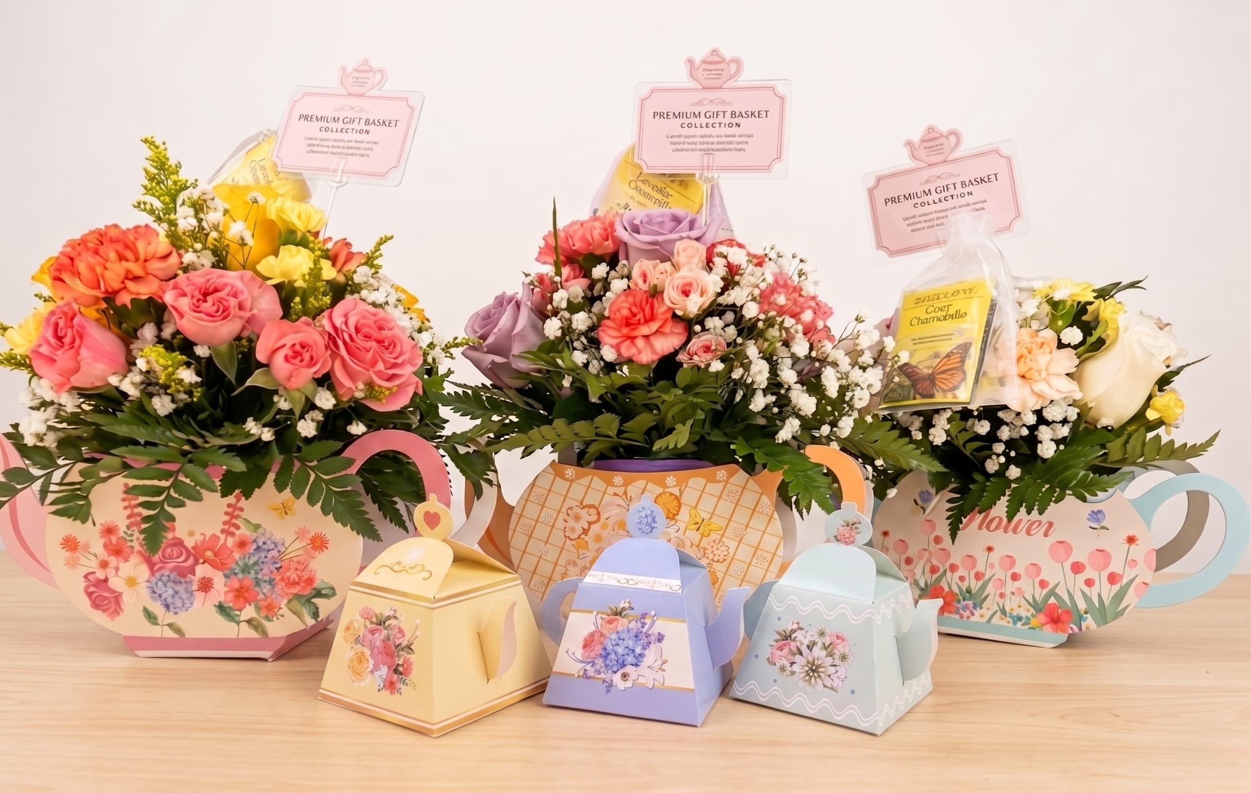 mother's day "faux" Tea pot &amp; Candy Bundle - A whimsical and colorful gift set featuring one vibrant floral arrangement and one coordinating teapot-shaped candy box. The bouquet is beautifully composed in a decorative teapot-themed container, overflowing with premium roses, carnations, and baby's breath, and includes a specialty tea bag. Paired with a small, illustrated teapot candy box in a matching pastel tone, this bundle offers a complete, sweet experience. Note: Price includes one floral arrangement and one candy box; colors and floral varieties will come in assorted seasonal styles.