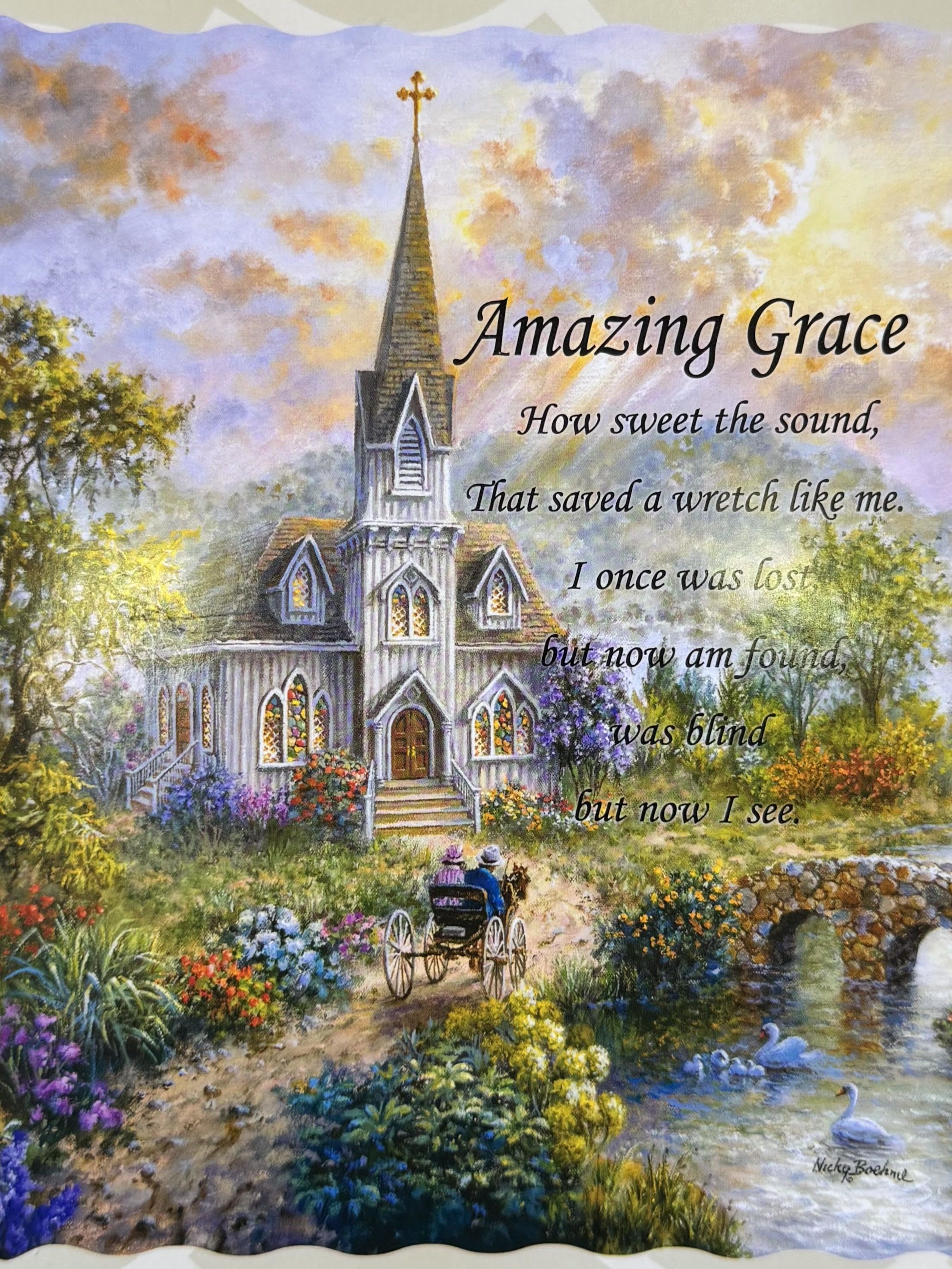 Amazing Grace Quilted Throw - A soft, devotional printed tapestry featuring a white church with a tall steeple and a gentle pastel garden scene, this sympathy arrangement alternative reads "Amazing Grace" in large script with hymn lines beside it-perfect as a comforting Get Well or Sympathy gift that honors memory and faith. The pastoral imagery and tranquil colors create a reflective mood that helps the person you're thinking of feel seen and soothed during a difficult time or quiet moment of remembrance.  The piece measures 50 x 60 inches and comes as a quilted throw printed with mixed tones of white, purple, yellow, pink and soft pastels to evoke warmth without bright florals. It arrives ready to display or drape; add the optional black metal easel (available as a Deluxe add-on) for an upright presentation-ideal for funeral viewings, memorial corners, or bedside comfort. This thoughtful keepsake offers both immediate comfort and a lasting reminder of care.