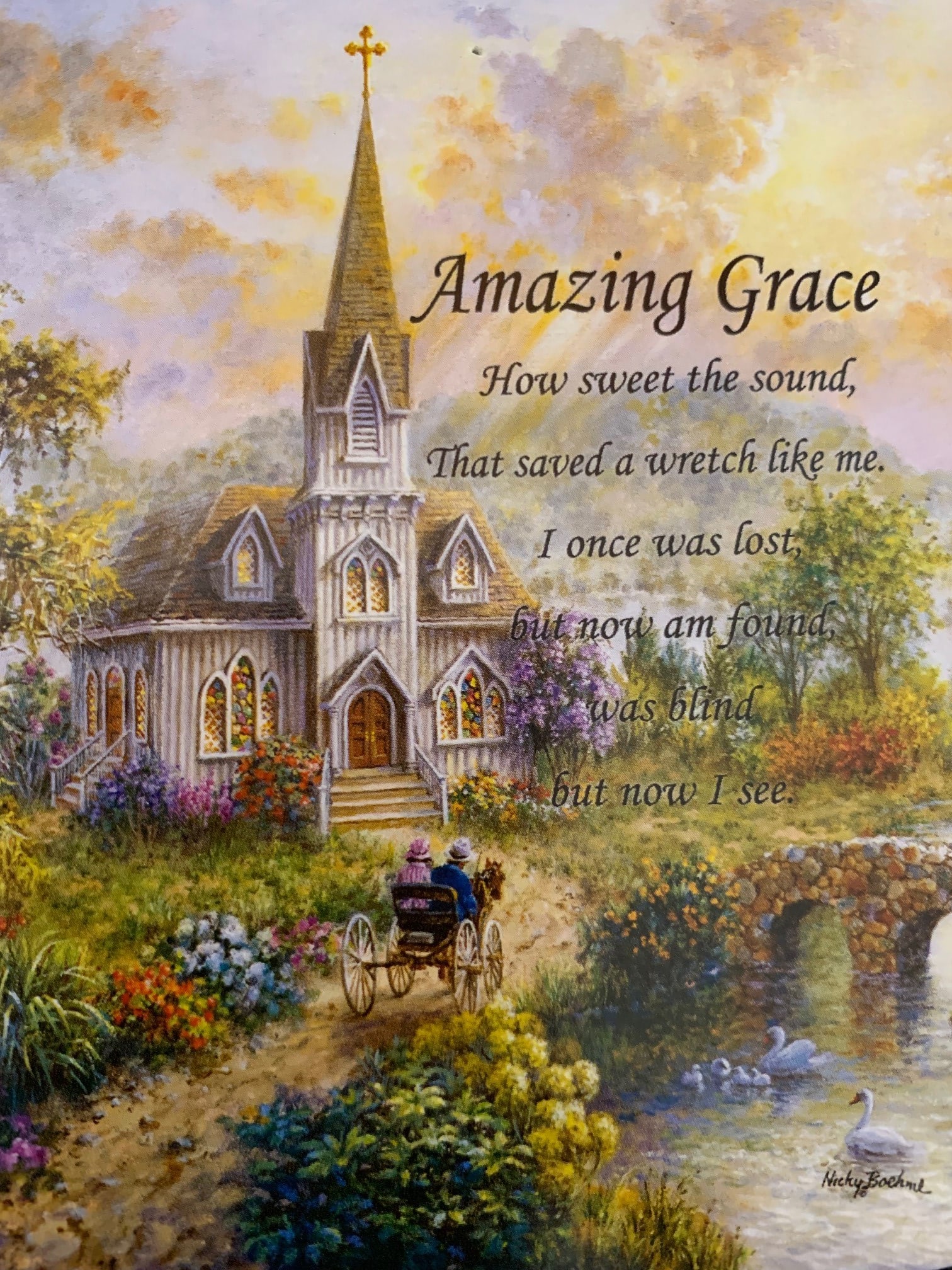 Illustrated church scene with the words "Amazing Grace" and a hymn verse