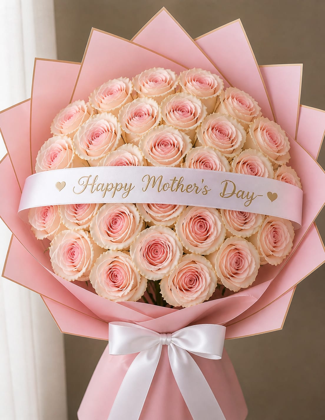 Blush Roses Bouquet  - A dense cluster of pale pink roses forms an instant mood of tenderness-the perfect Mother's Day bouquet or birthday surprise for the woman you want to make feel cherished. This hand-tied rose arrangement reads romantic and celebratory at once, making it an excellent choice for anniversaries or affectionate everyday occasions when you want her to feel truly seen.  Soft blush and creamy white tones mingle across tightly cupped rose heads, arranged in a rounded, symmetrical dome that looks full from every angle. The stems are wrapped in layered pink paper with gold edging for a luxe, feminine finish; a white satin ribbon and printed ribbon banner that reads "Happy Mother's Day" add a thoughtful, gift-ready touch. The compact, hand-tied size makes it easy to place in a vase at home or on a bedside table and lets the floral texture and color take center stage.  Give this bouquet to the mother, partner, or friend whose warmth you want to celebrate-it's the kind of gift that says affection and appreciation without words. Care is simple: trim stems and place in fresh water on arrival to keep the roses looking fresh for as long as possible.
