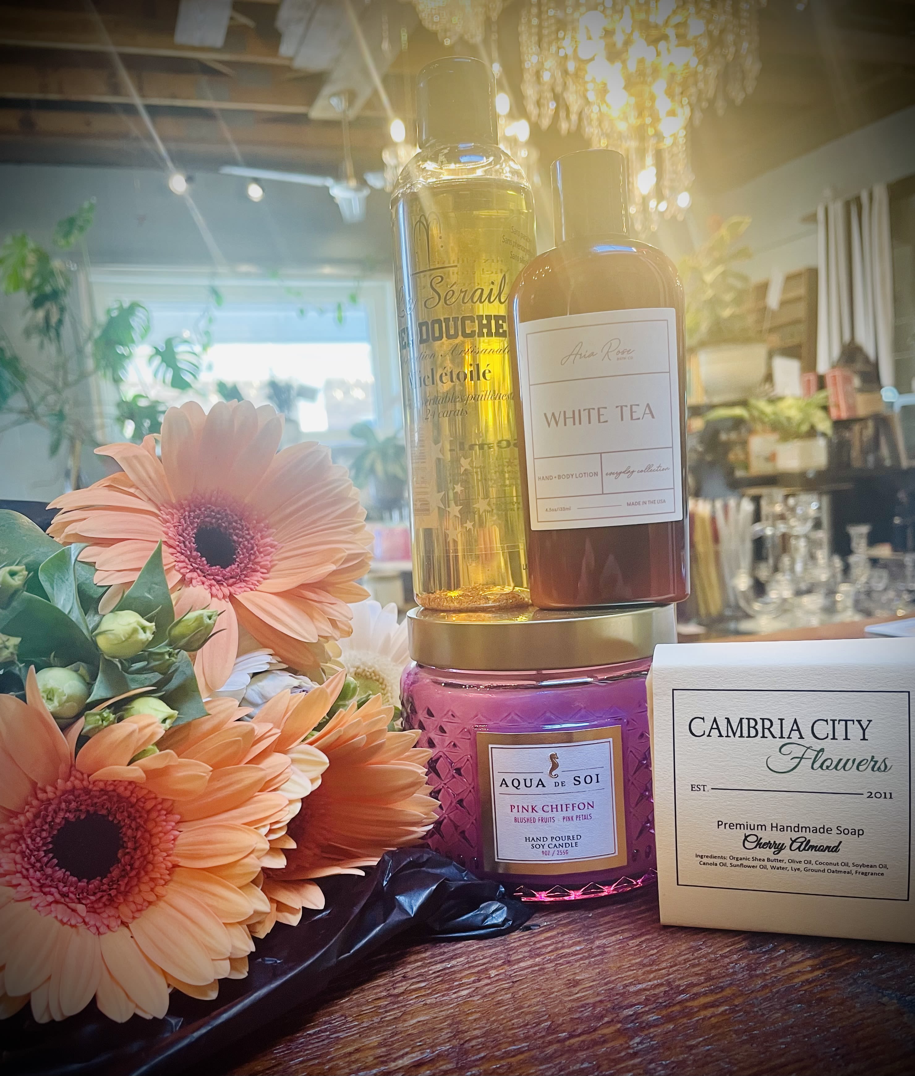 Mother's Day Luxurious Gift Package - A Beautiful and Luxurious Mother's Day Gift Package...a bright and colorful Wrapped Mixed Floral Bouquet, Aria Rose Hand and Body Lotion, a Cambria City Flowers Boutique Soap, French Shower Gel with 24kt Gold Flakes, and a Spring Scented Soi Candle in an exquisite glass vessel. Packaged in our signature black bag with an enclosure card complete with your personal message.   Limited Availability. Pickup or Delivery. $110 ($125 value)