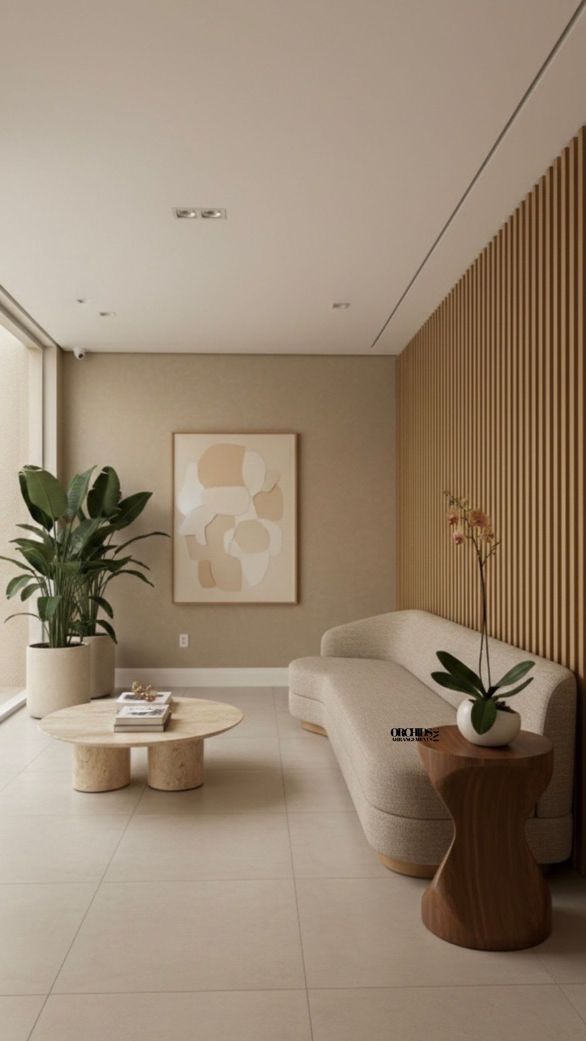 Minimalist living room with potted plants and a small orchid arrangement