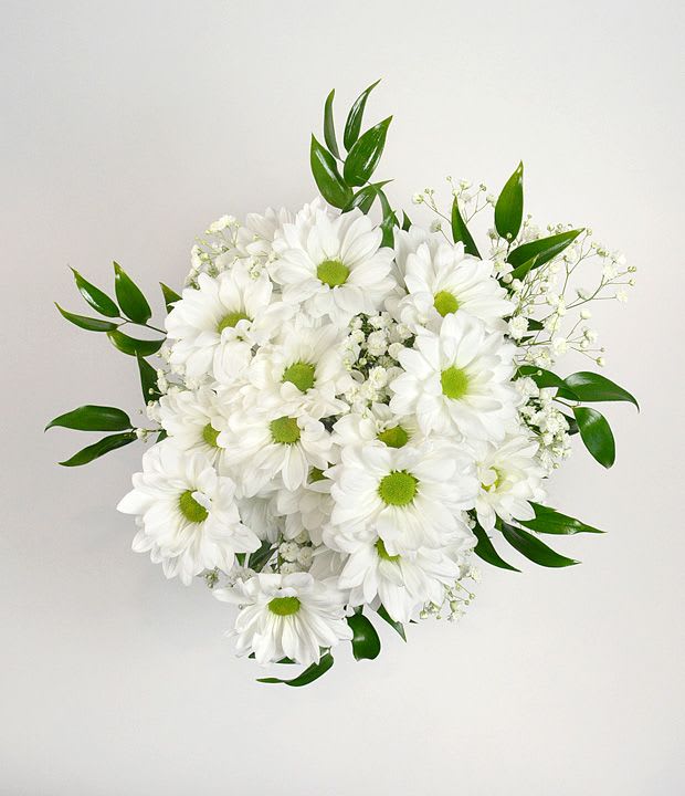 White daisy bouquet with green centers and small filler flowers
