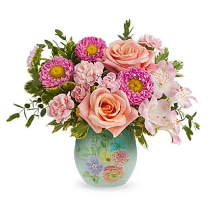 Watercolor Garden Bouquet - Watercolor Garden Bouquet is a cheerful Mother's Day flower arrangement of peach and pink blooms, beautifully presented in this Watercolor Garden Vase keepsake-perfect for celebrating Mom with fresh spring style.