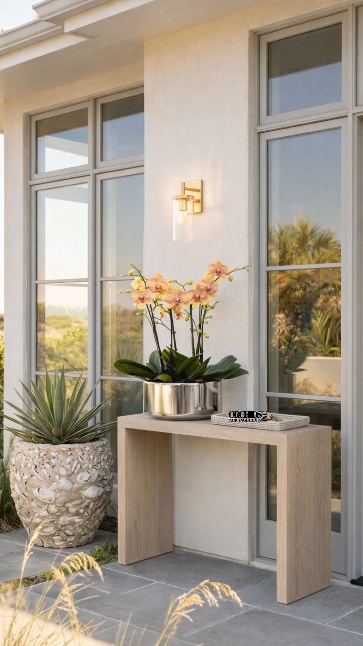 Housewarming Orchid Miami - Same day Delivery Five Peach Phalaenopsis Orchid With a Vase 12" x 5" to Miami, Coral Gables, Miami Beach, Bal Harbour, Sunny Isles Beach, Aventura, South Miami, Pinecrest, Doral, West Miami, Coconut Grove, key Biscayne, North Bay Village...